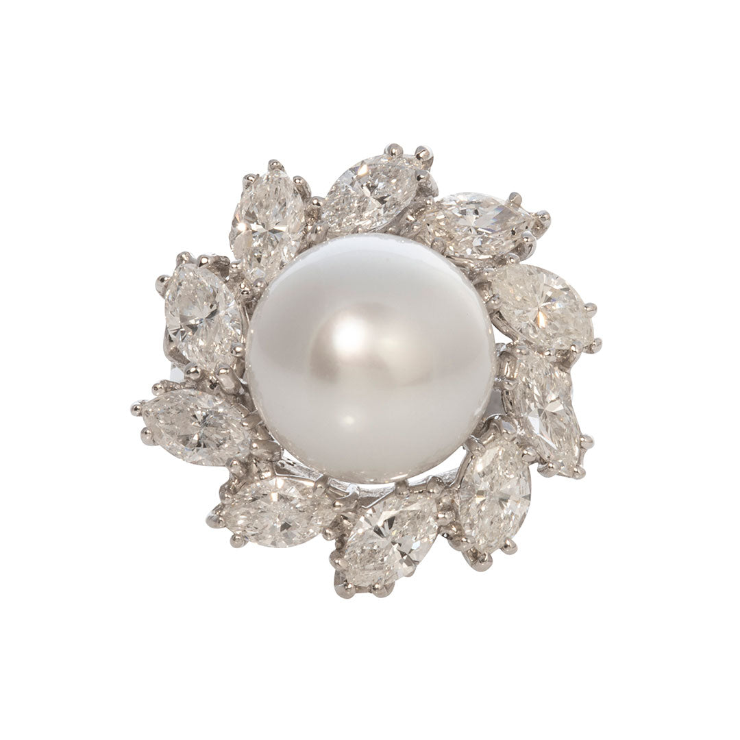 Estate South Sea Pearl u0026 Marquise Diamond 18K Gold Ring