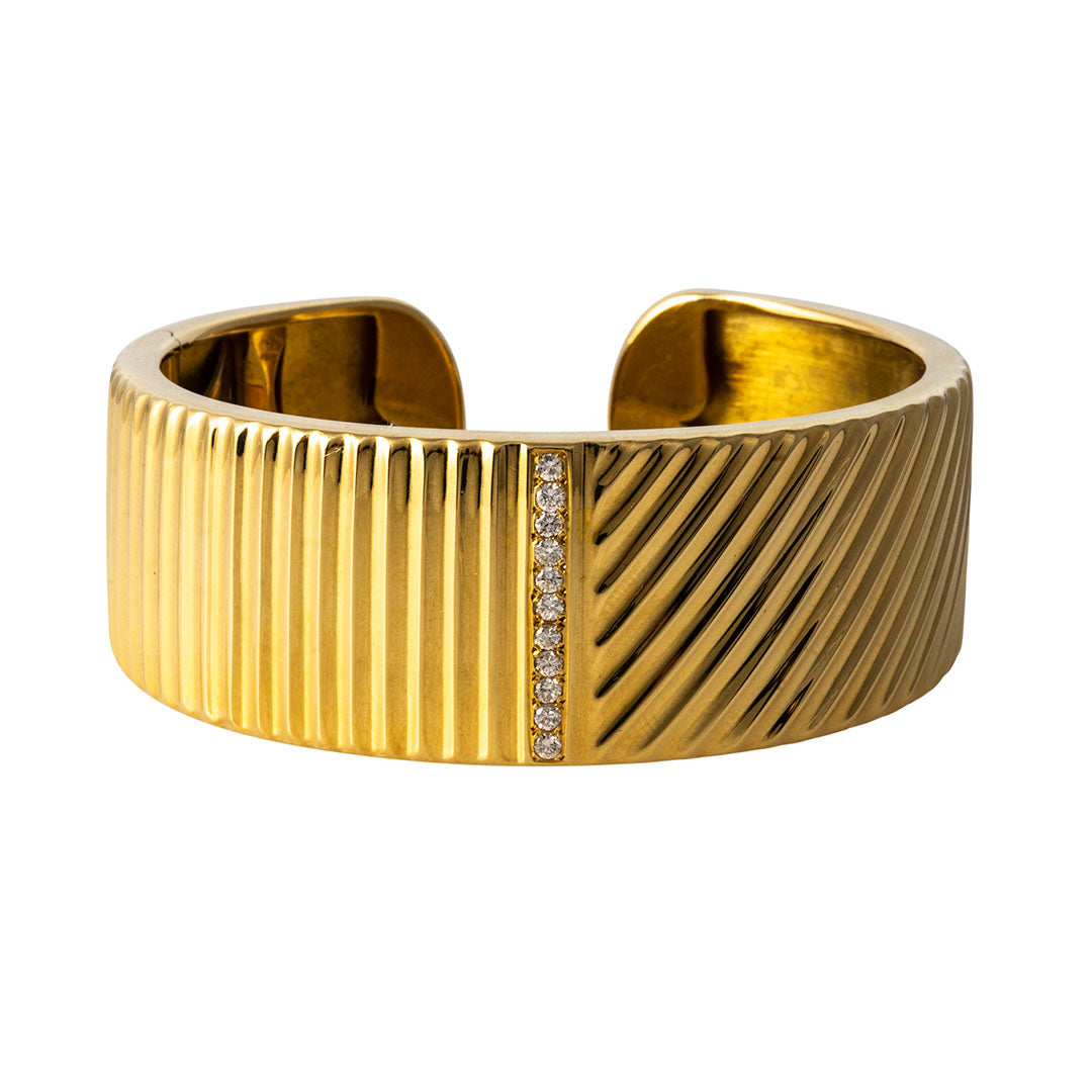 Ribbed Yellow Gold and Diamond Bangle Bracelet