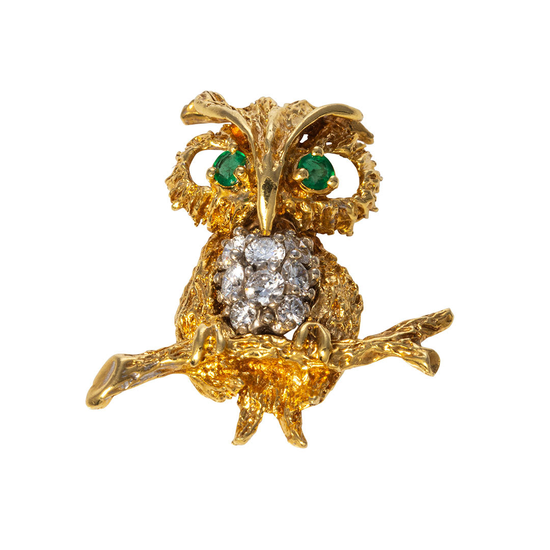 DSF Antique Jewelry Owl Ruby Diamond 18K Gold Brooch Pin