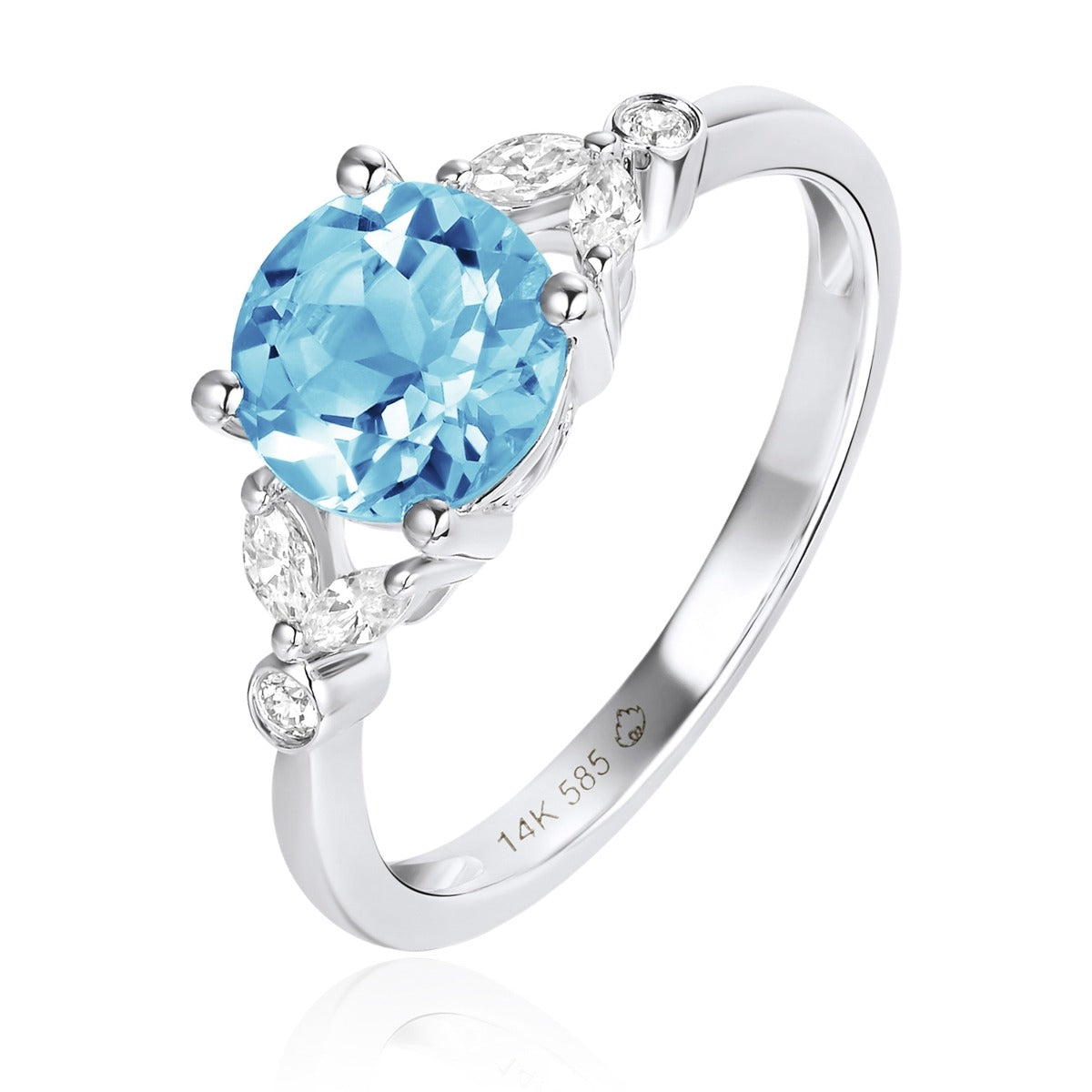 Solid 14K 2024 White Gold Blue Topaz Flower Ring 5.75