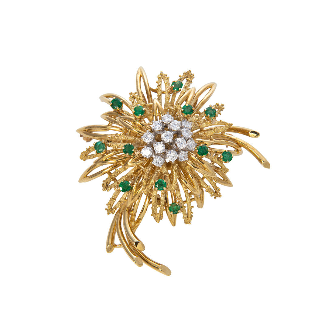 18K Yellow Gold Flower Brooch Pin w/ Diamonds