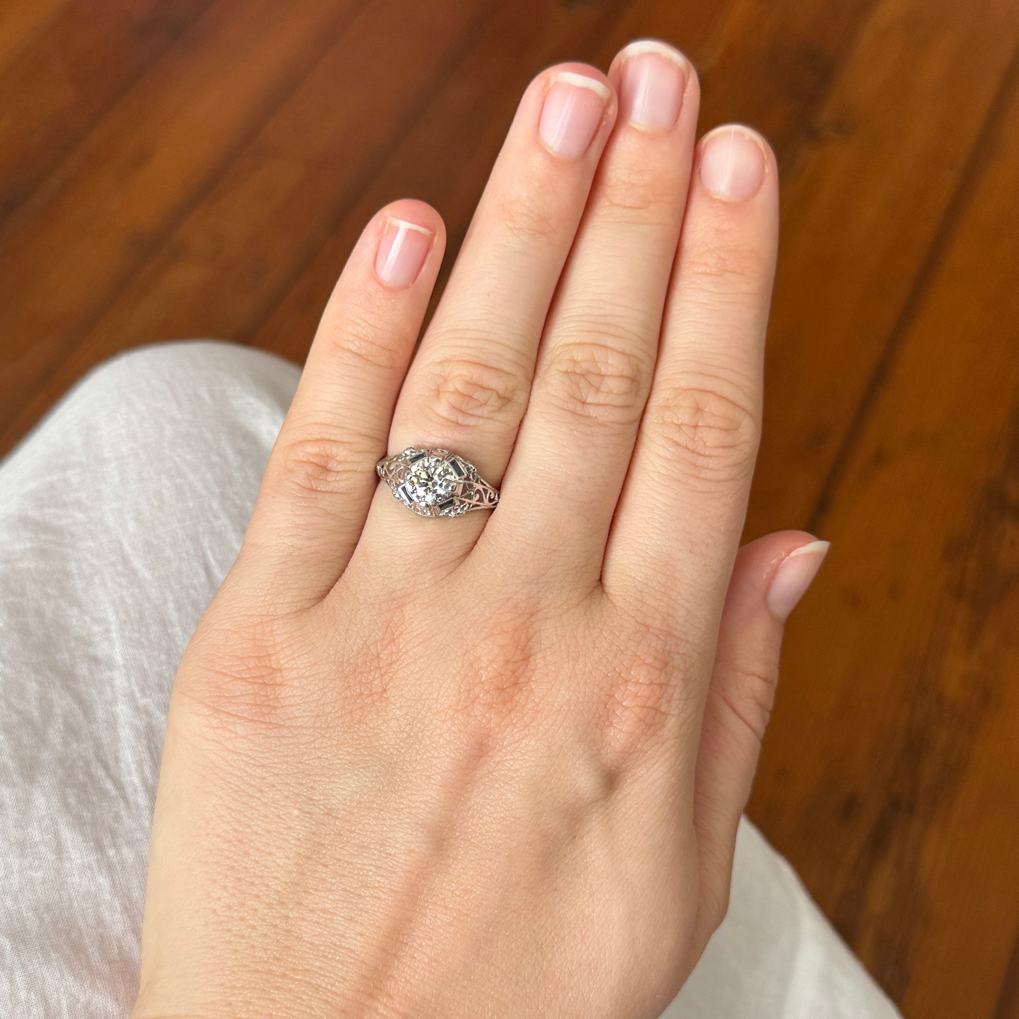 Art Deco Style 1ct Diamond & Sapphire Platinum Filigree Ring