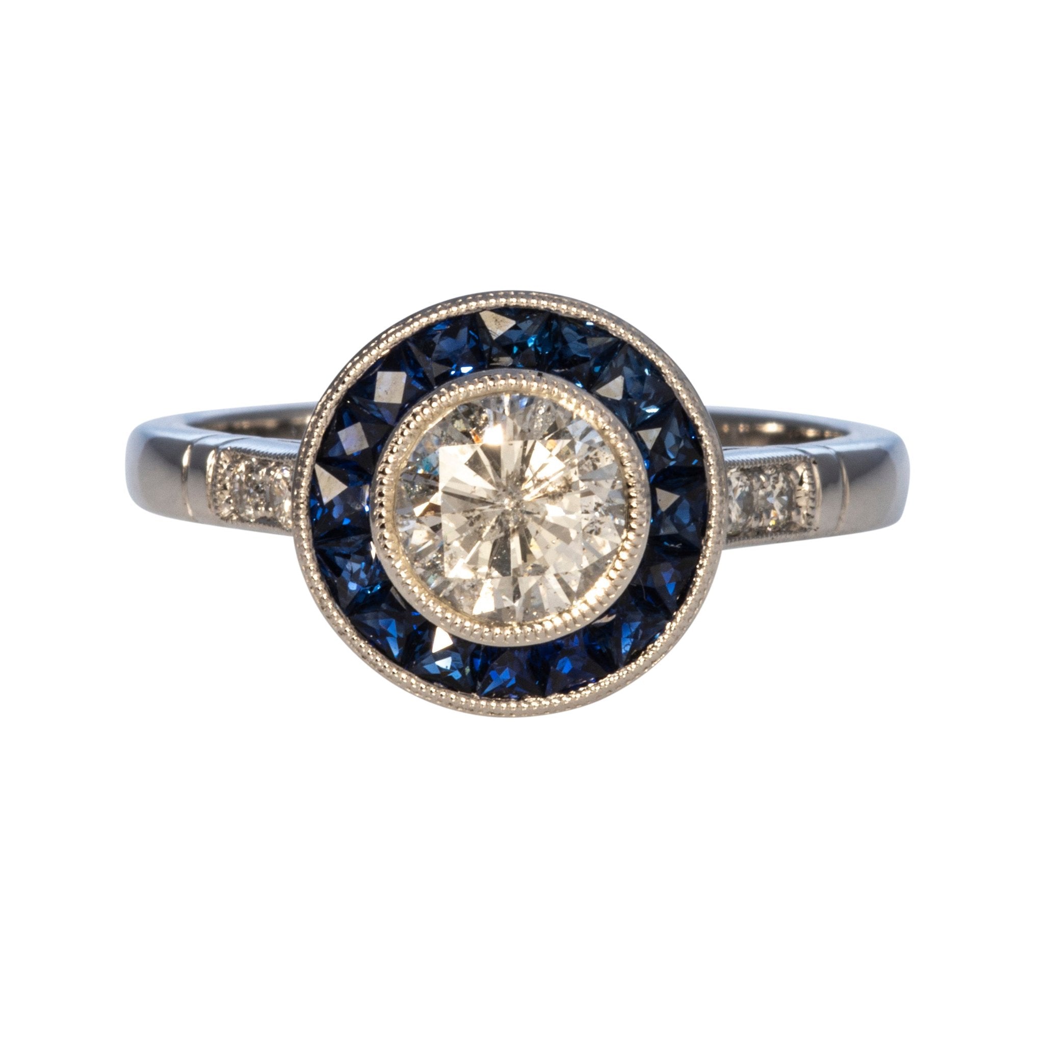 Art Deco .78ct Round Diamond & Sapphire Platinum Ring