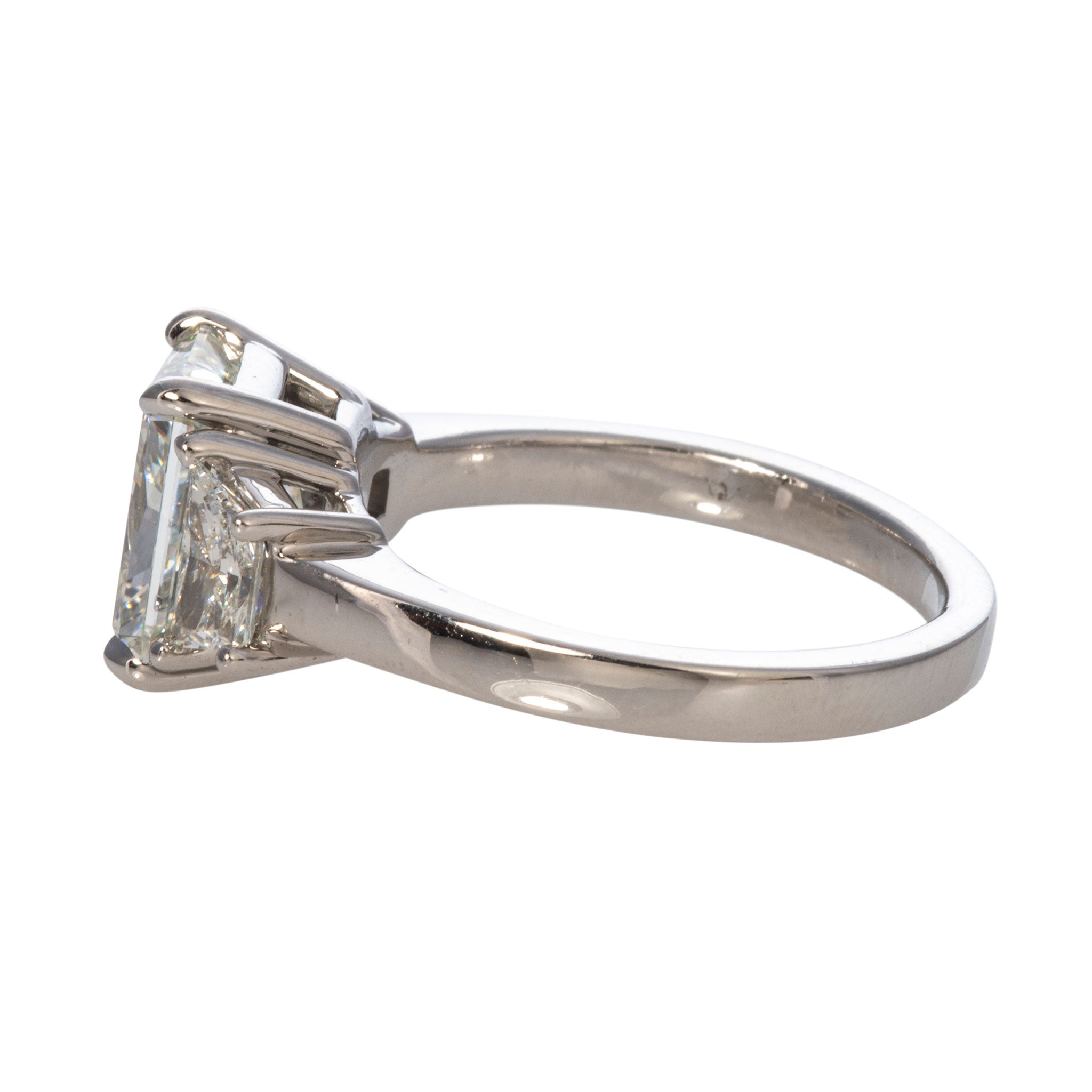 3ct Radiant & .71ct Trapezoid Side Diamond Three-Stone Platinum Ring