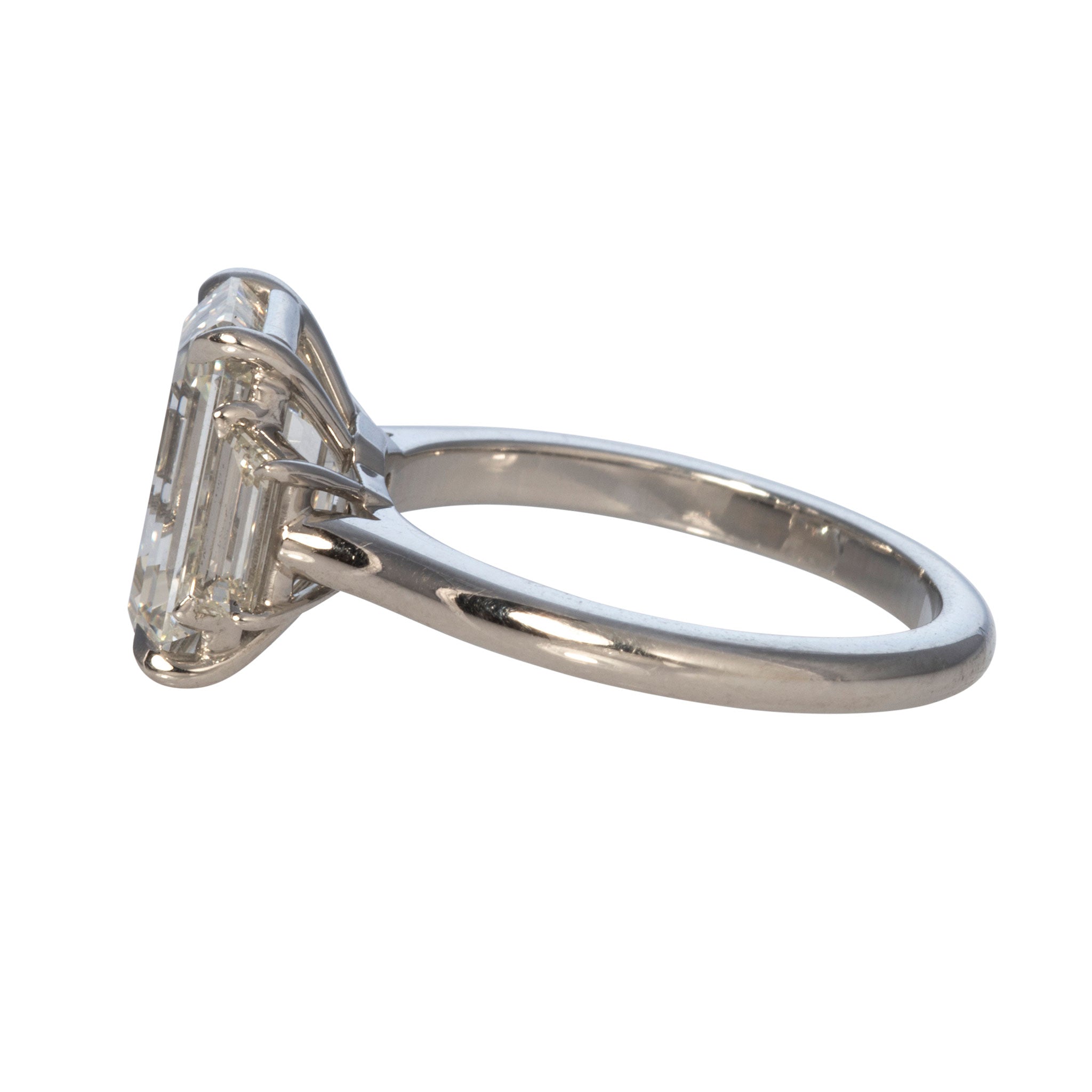 4ct Emerald-Cut & .51ct Trapezoid Side Diamond Three-Stone Platinum Ring