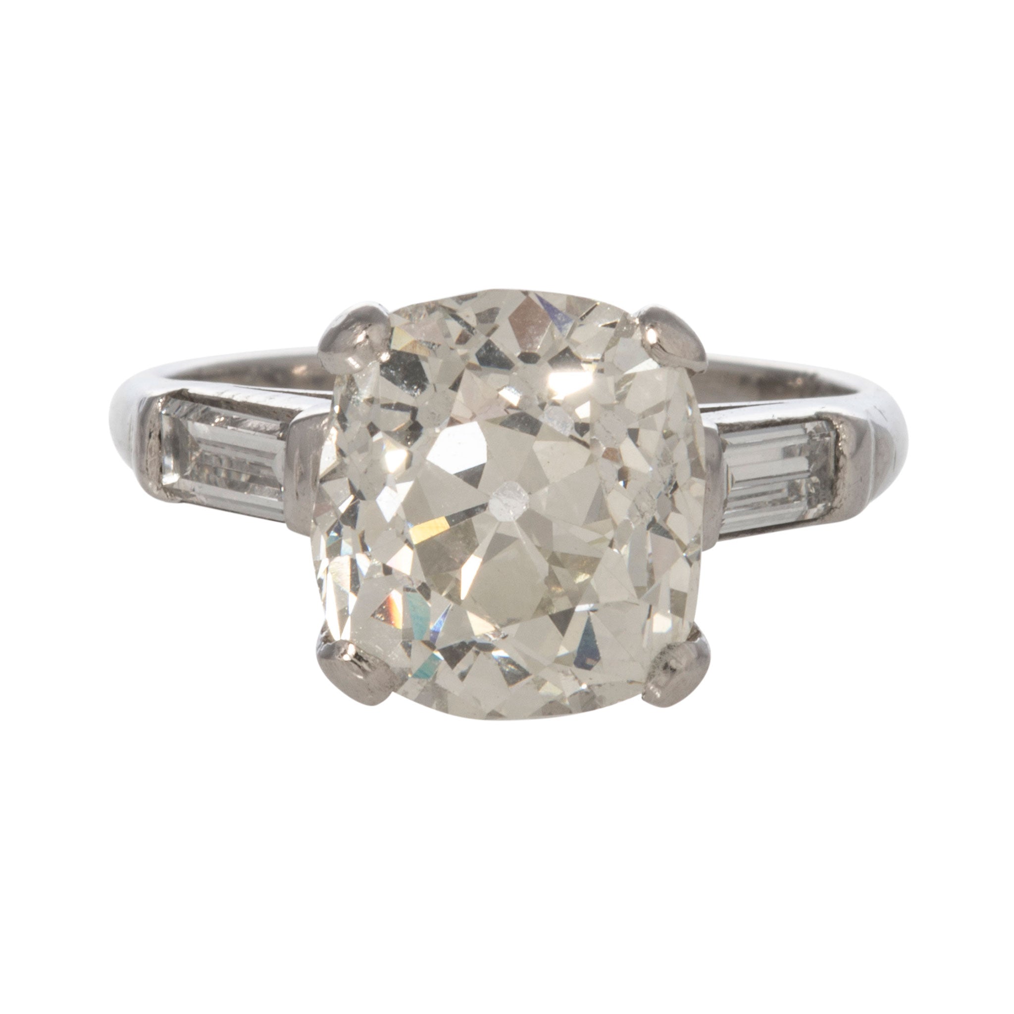 Estate 4.26ct Cushion Center & .50ct Baguette Side Diamond Platinum Ring