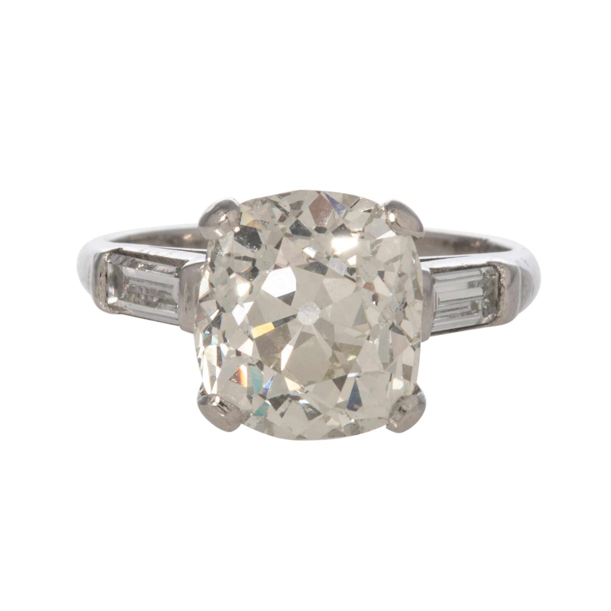 Estate 4.26ct Cushion Center & .50ct Baguette Side Diamond Platinum Ring