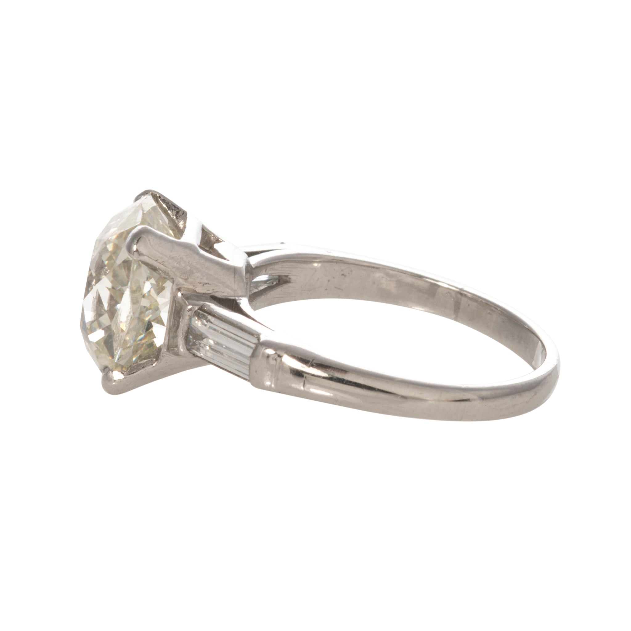 Estate 4.26ct Cushion Center & .50ct Baguette Side Diamond Platinum Ring