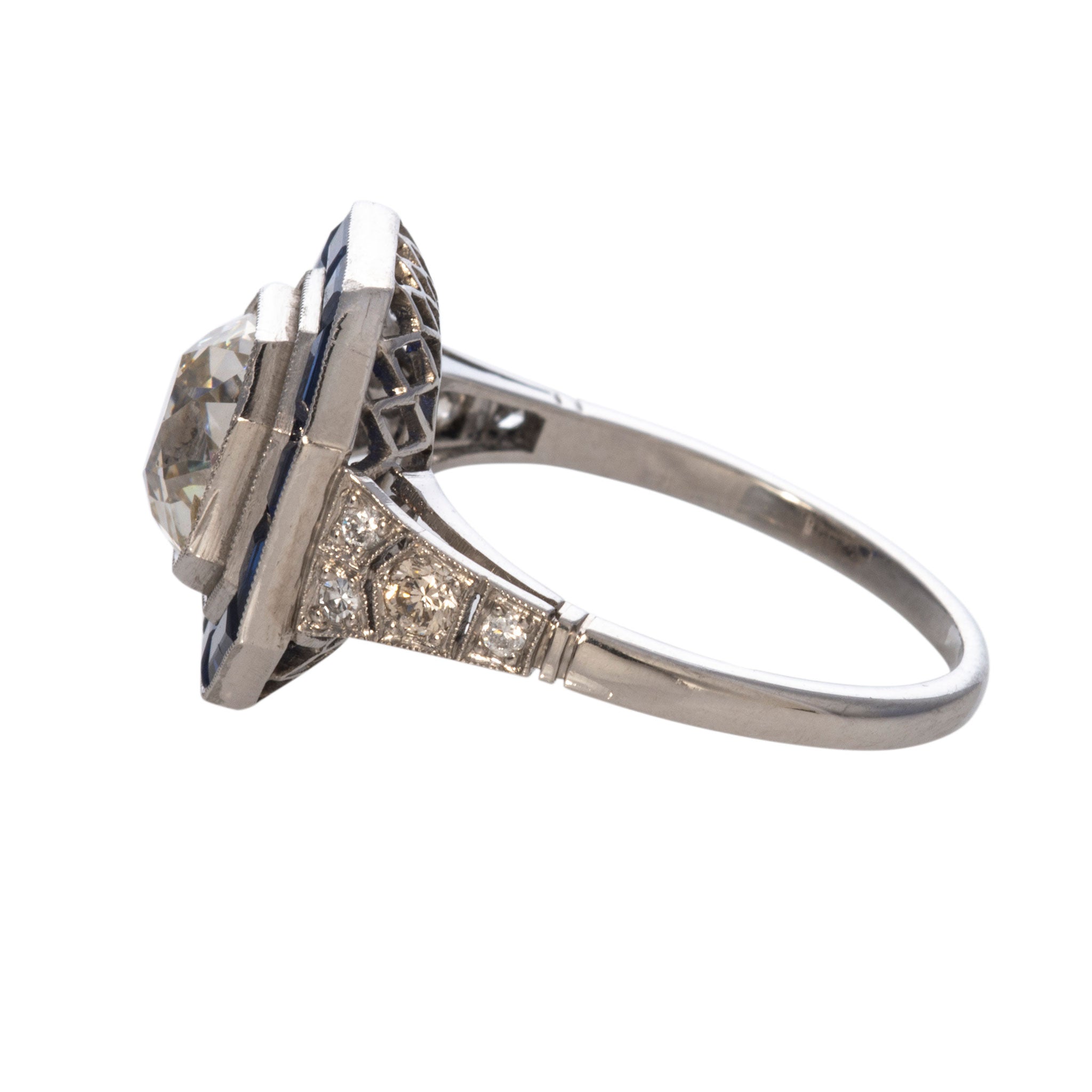 Art Deco 1.78ct Diamond & Sapphire Octagonal Halo Platinum Ring