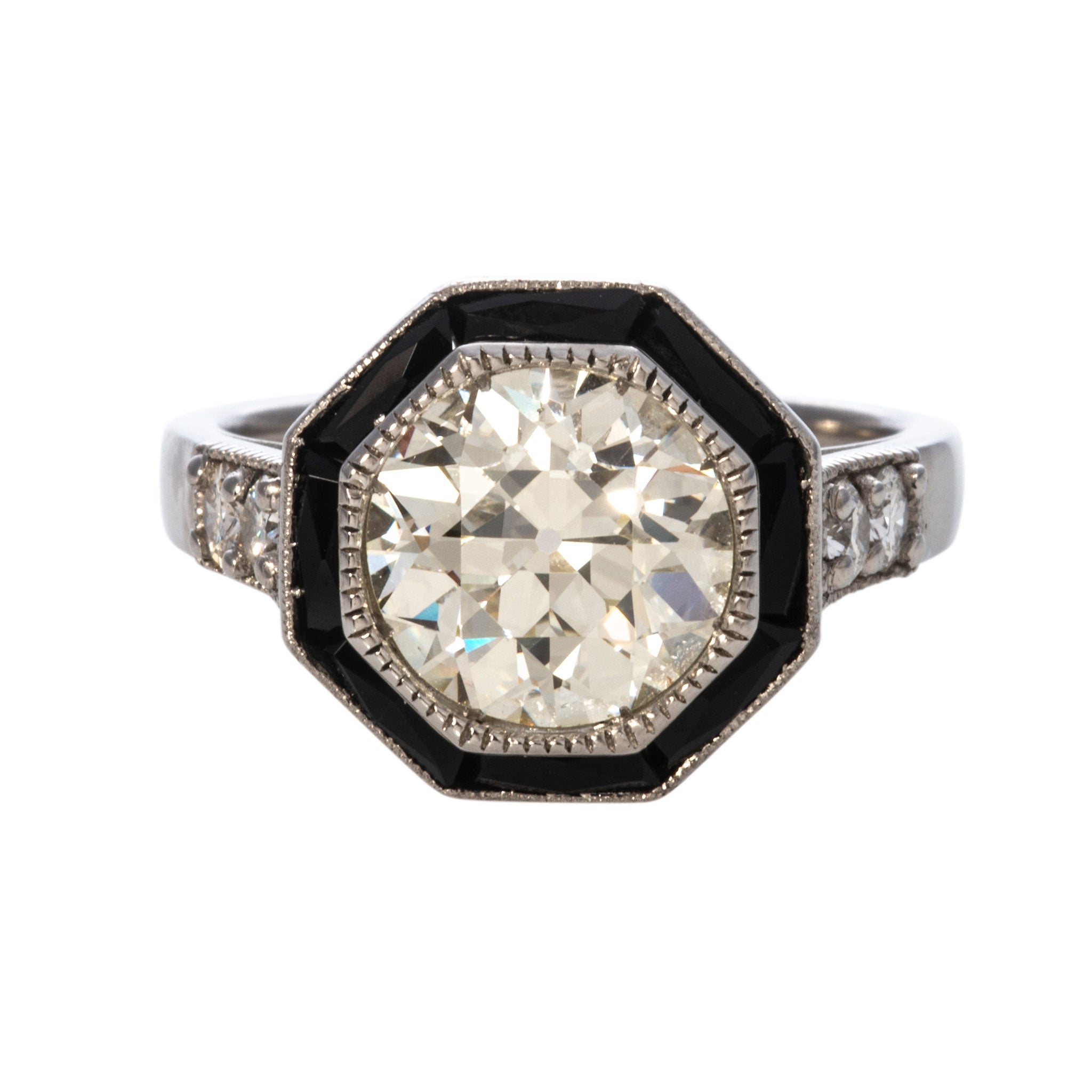 Art Deco 2.67ct Diamond & Onyx Octagonal Halo Platinum Ring