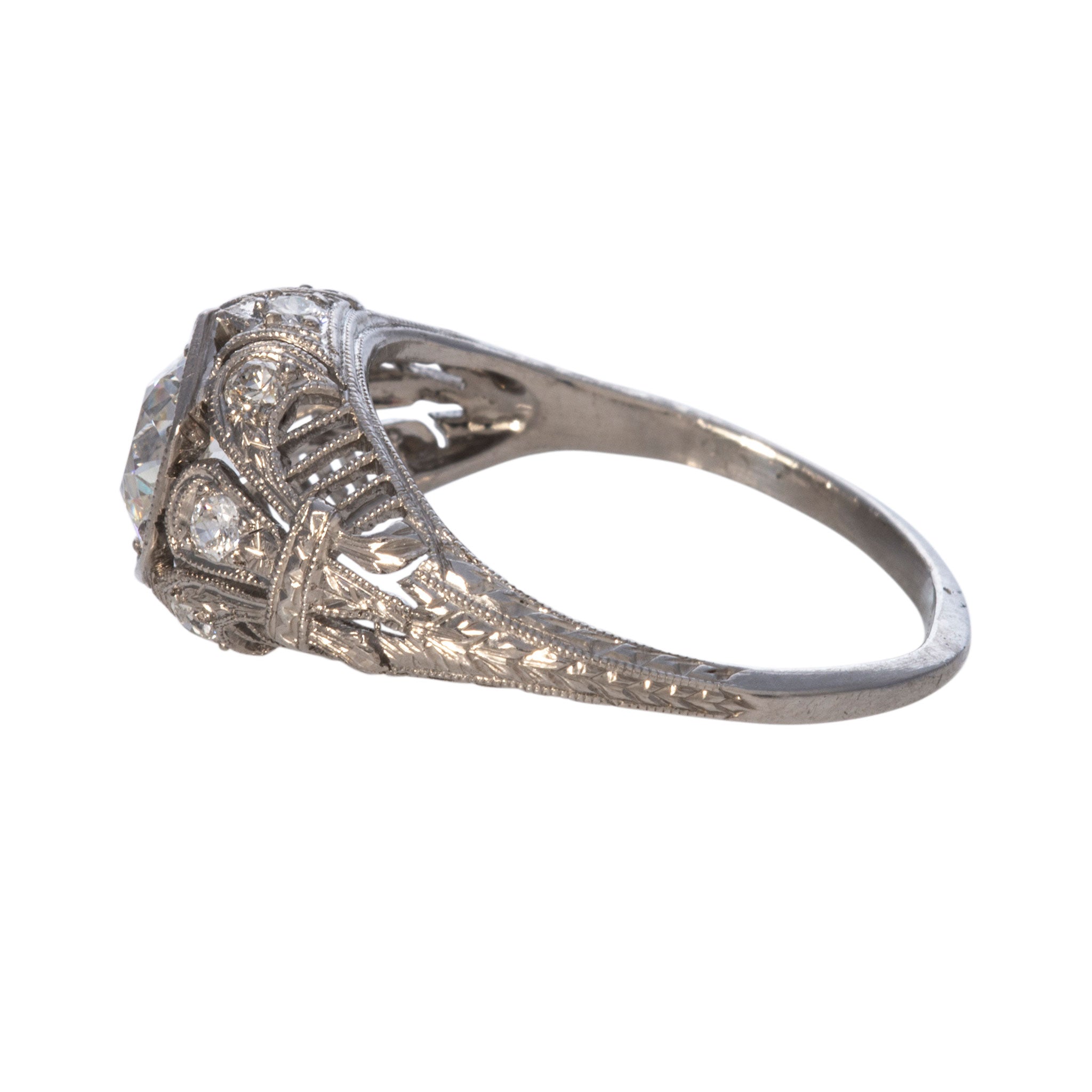 Art Deco .85ct Old Mine Cut Diamond Platinum Filigree Ring