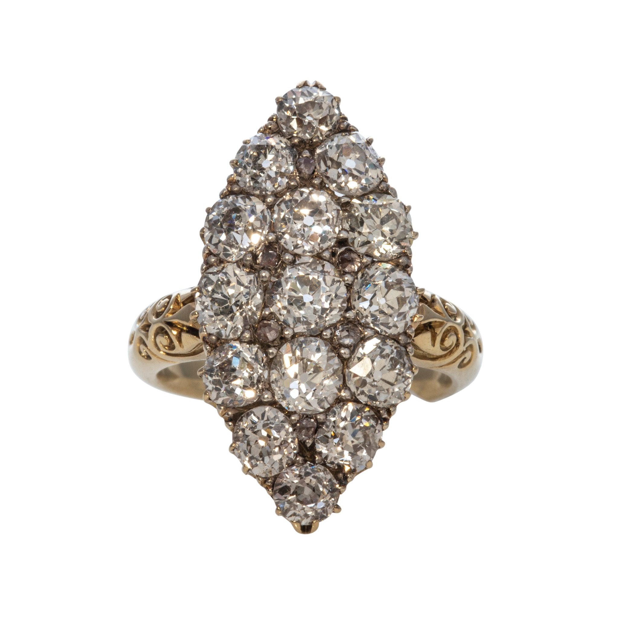 Art Deco 4.0ctw Diamond Navette Cluster 18K Yellow Gold Ring