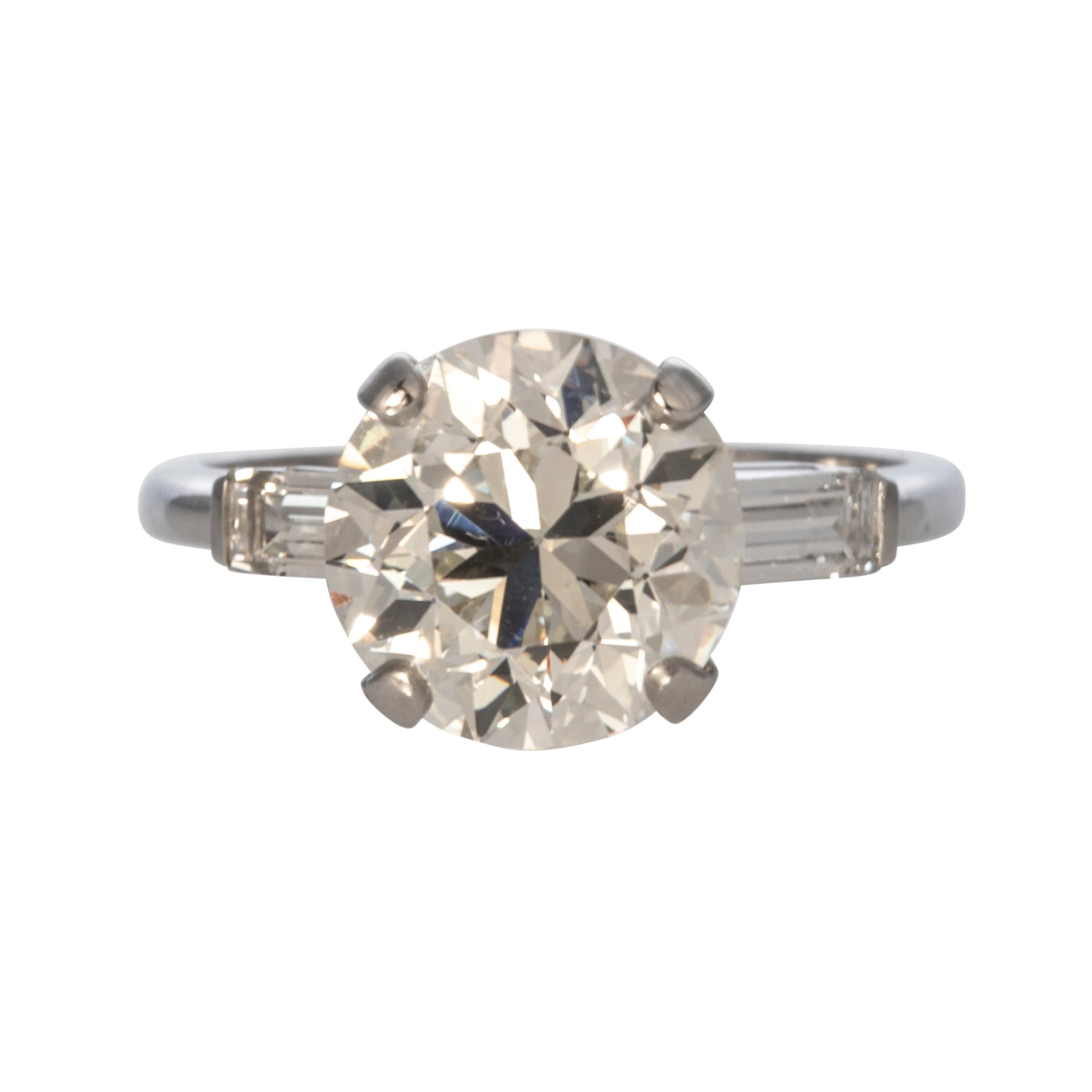 Vintage 3.62ct Round Center & Baguette Side Diamond Platinum Ring