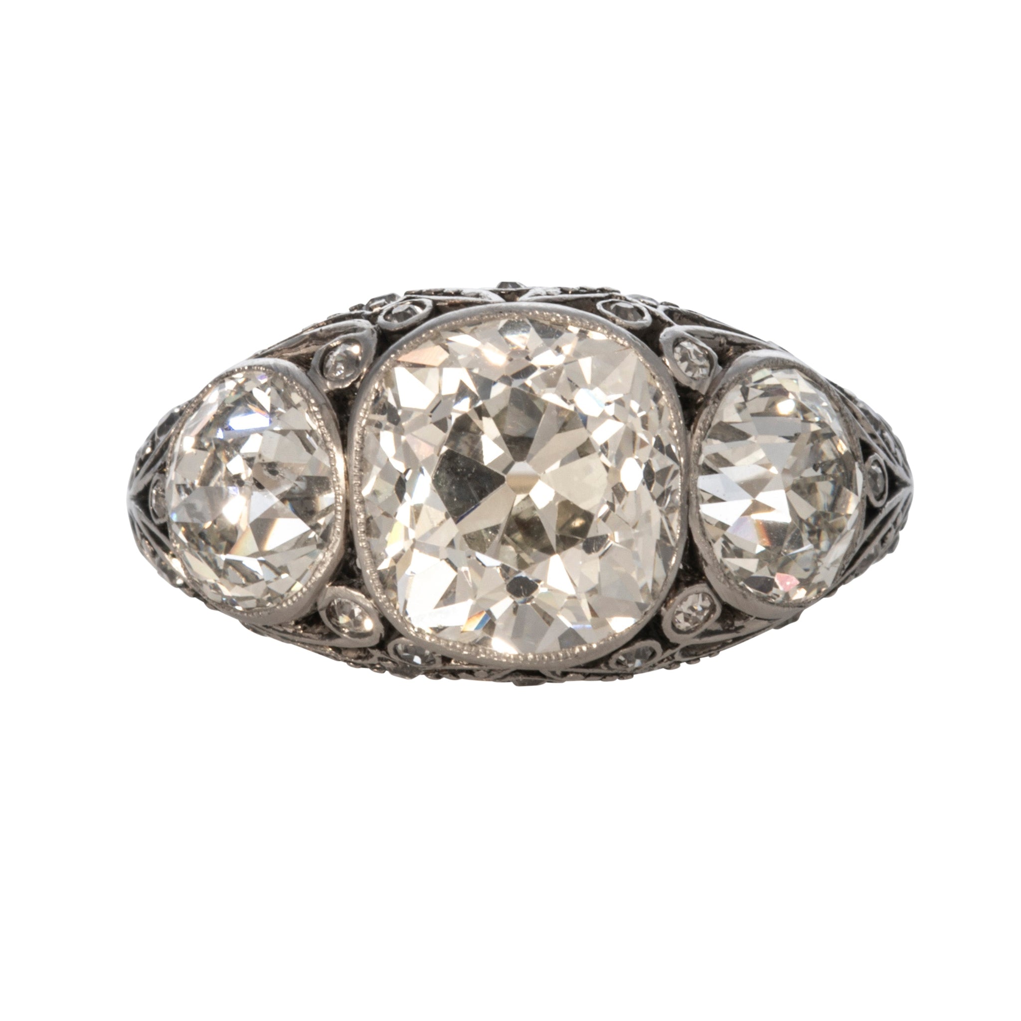 Art Deco Diamond Three Stone Platinum Dome Ring