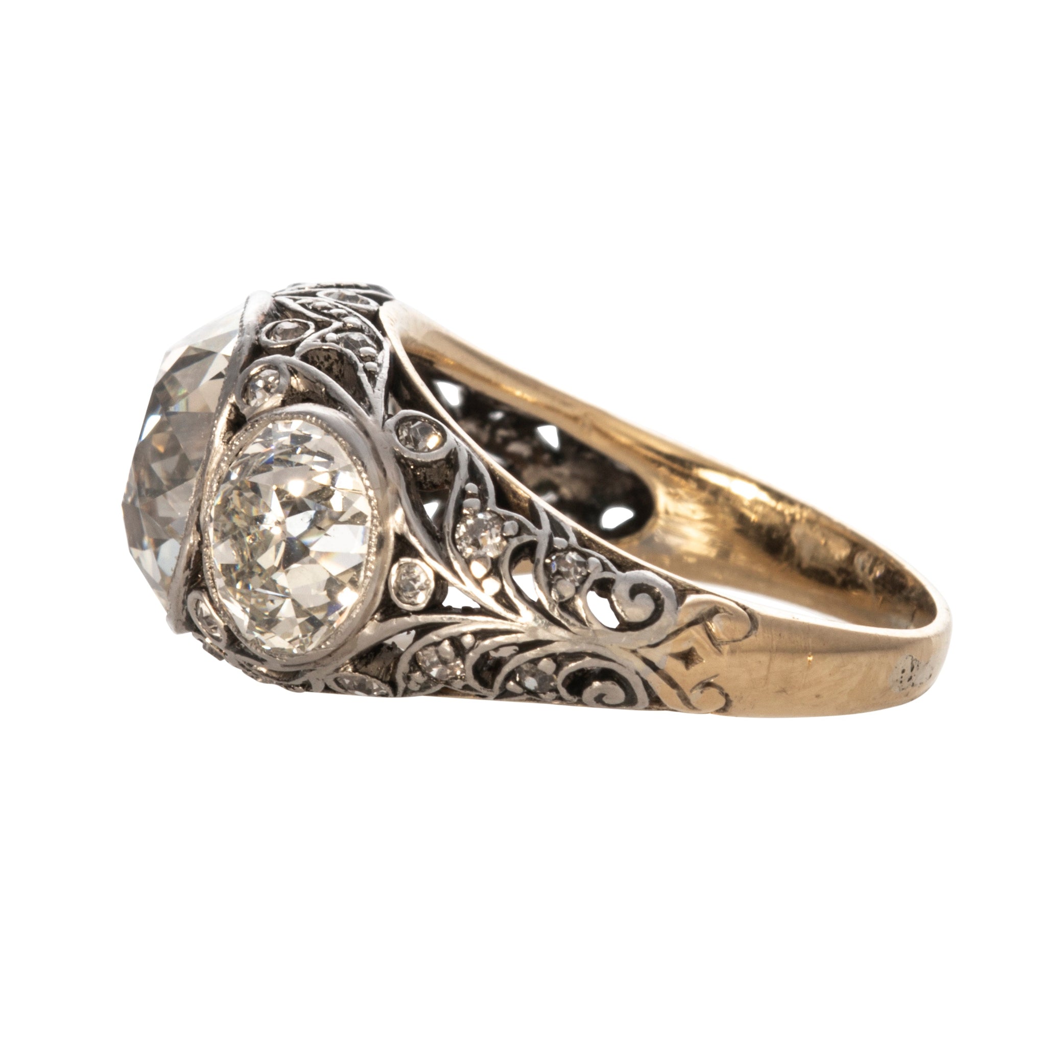 Edwardian Diamond Three-Stone Platinum 18K Gold Dome Ring