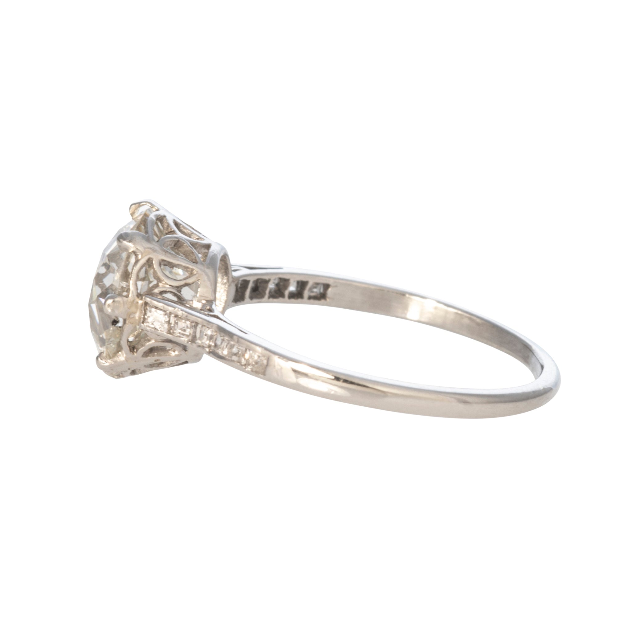 Estate 2.53ct Old Mine Cut & .20ct Baguette Side Diamond Platinum Ring