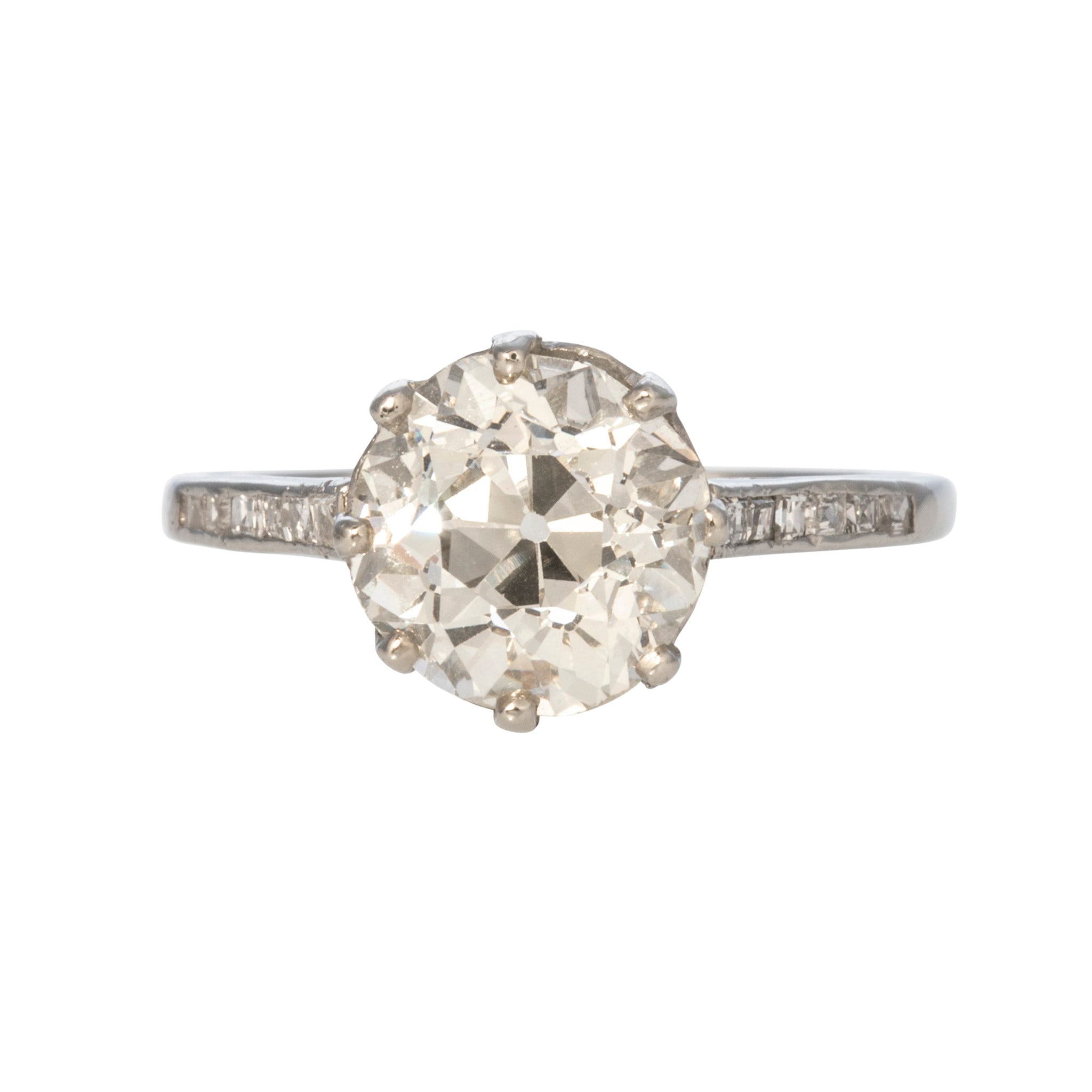 Estate 2.53ct Old Mine Cut & .20ct Baguette Side Diamond Platinum Ring