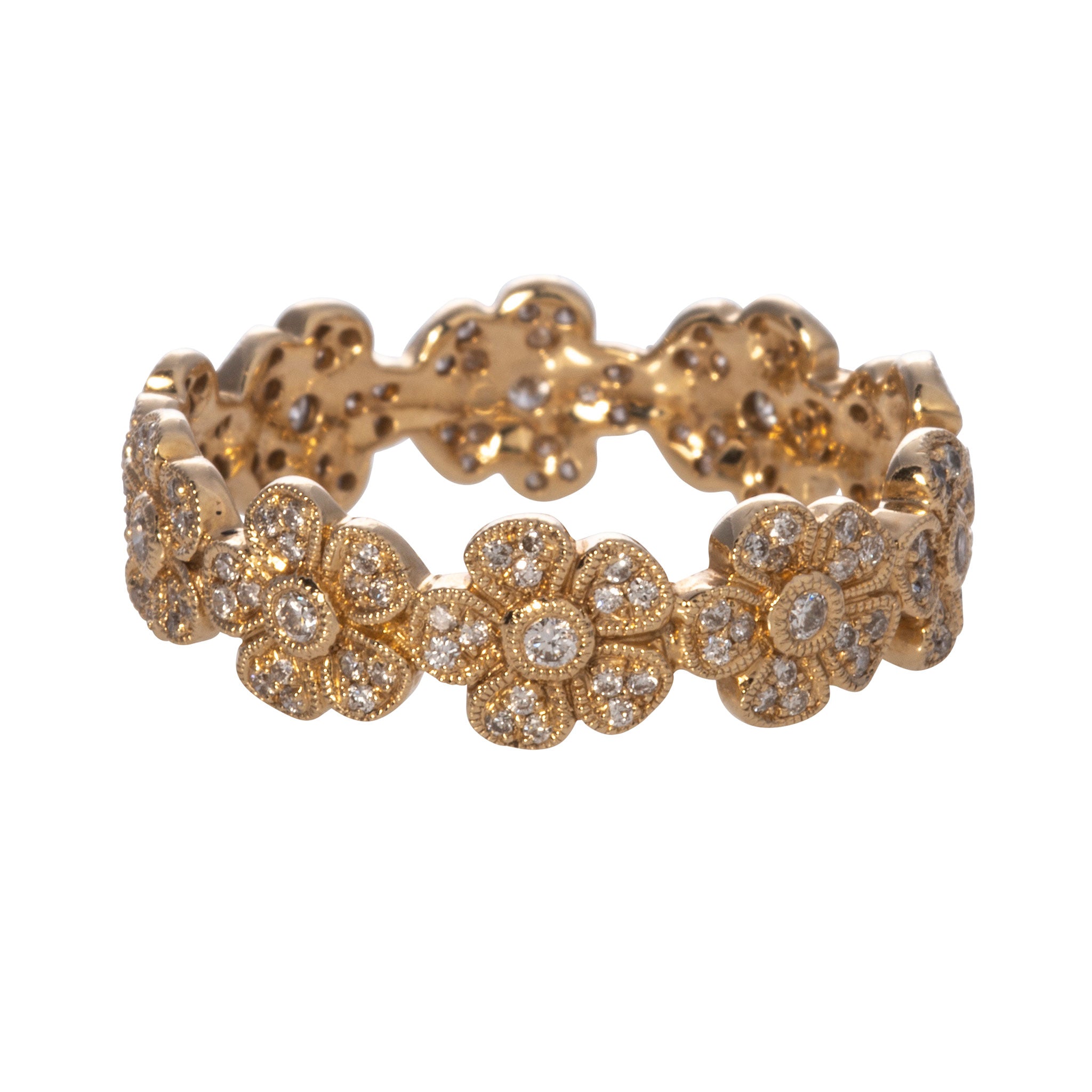 Diamond Milgrain Flower Eternity 14K Yellow Gold Band