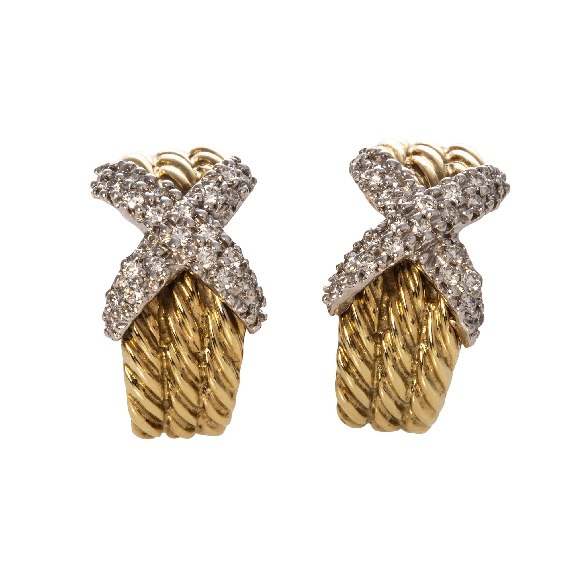 Estate David Yurman Diamond X 14K Gold Clip On Earrings