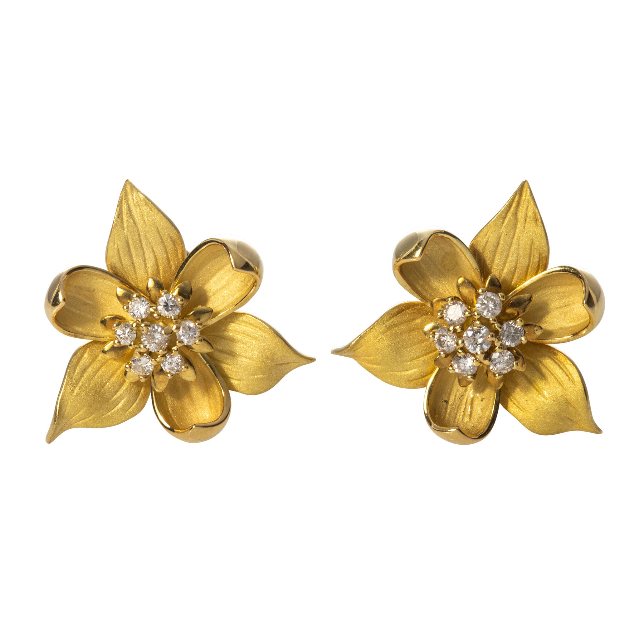 Estate Diamond 18K Gold Flower Clip On Earrings