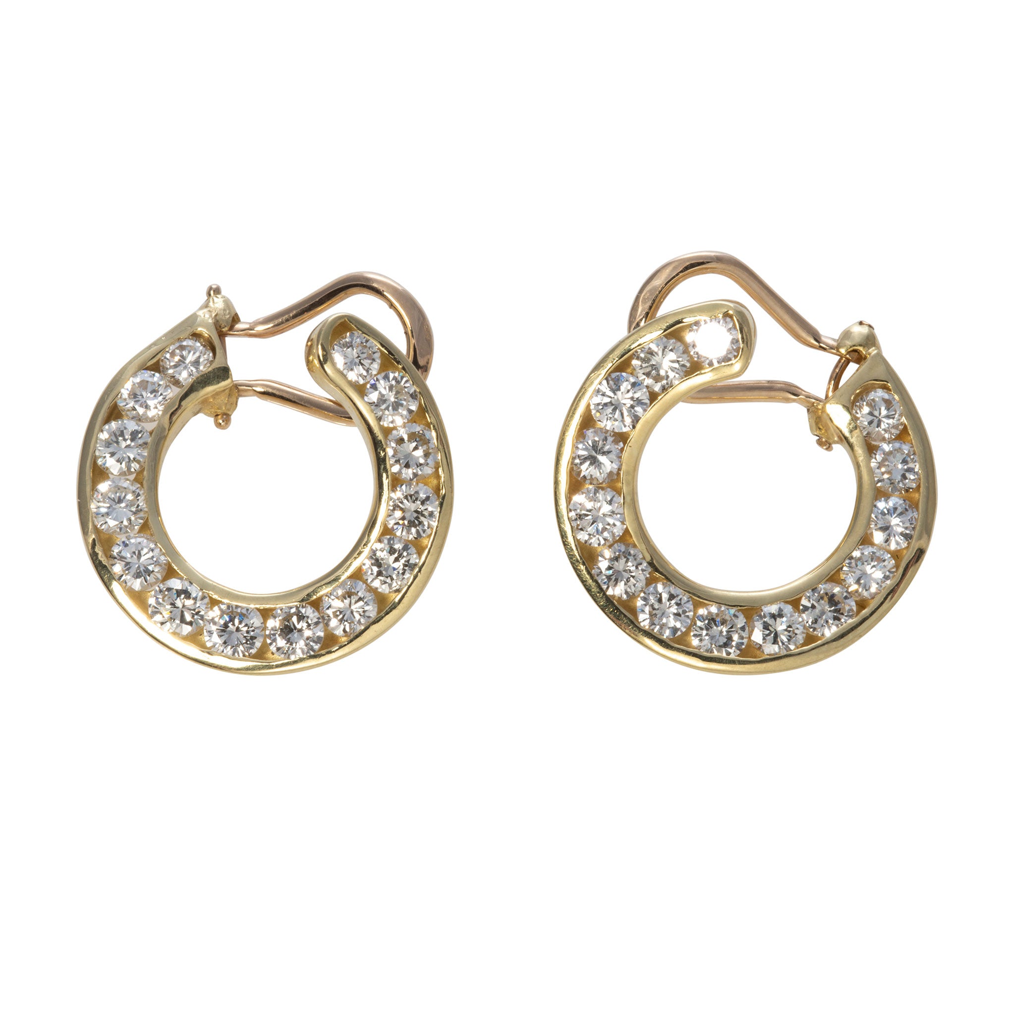 Estate Diamond Channel Set 18K Gold Open Circle Earrings