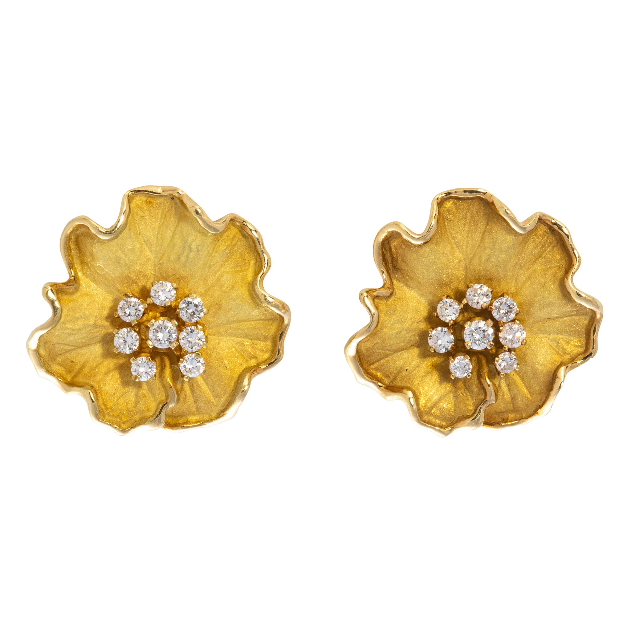 Vintage Diamond 18K Yellow Gold Flower Clip-On Earrings