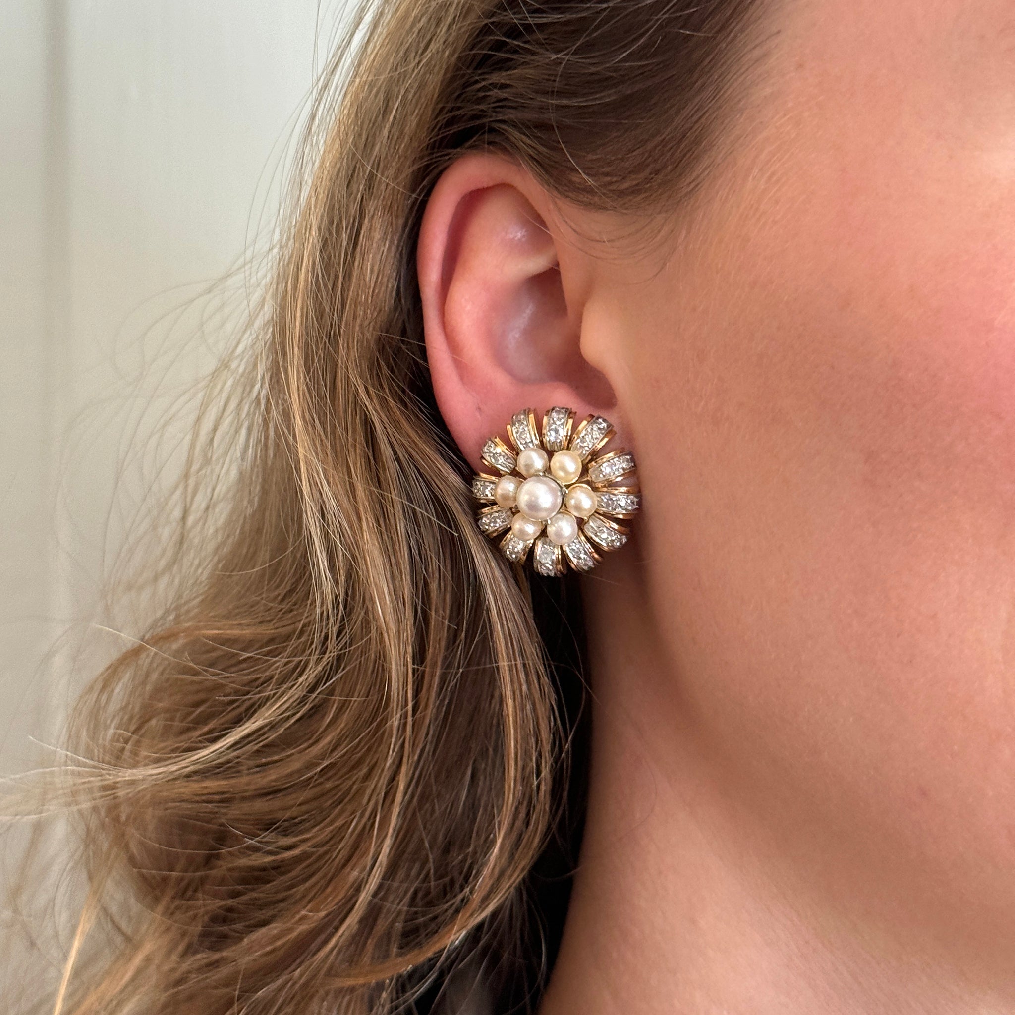 Mid-Century Pearl Cluster & Diamond 14K Gold Earrings