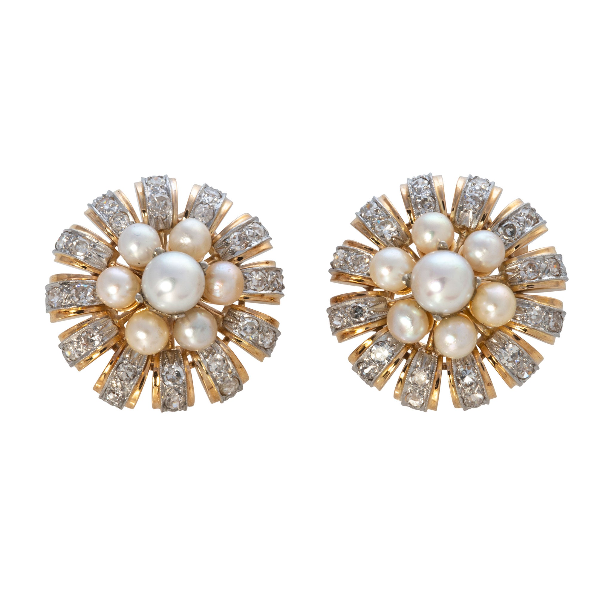 Mid-Century Pearl Cluster & Diamond 14K Gold Earrings