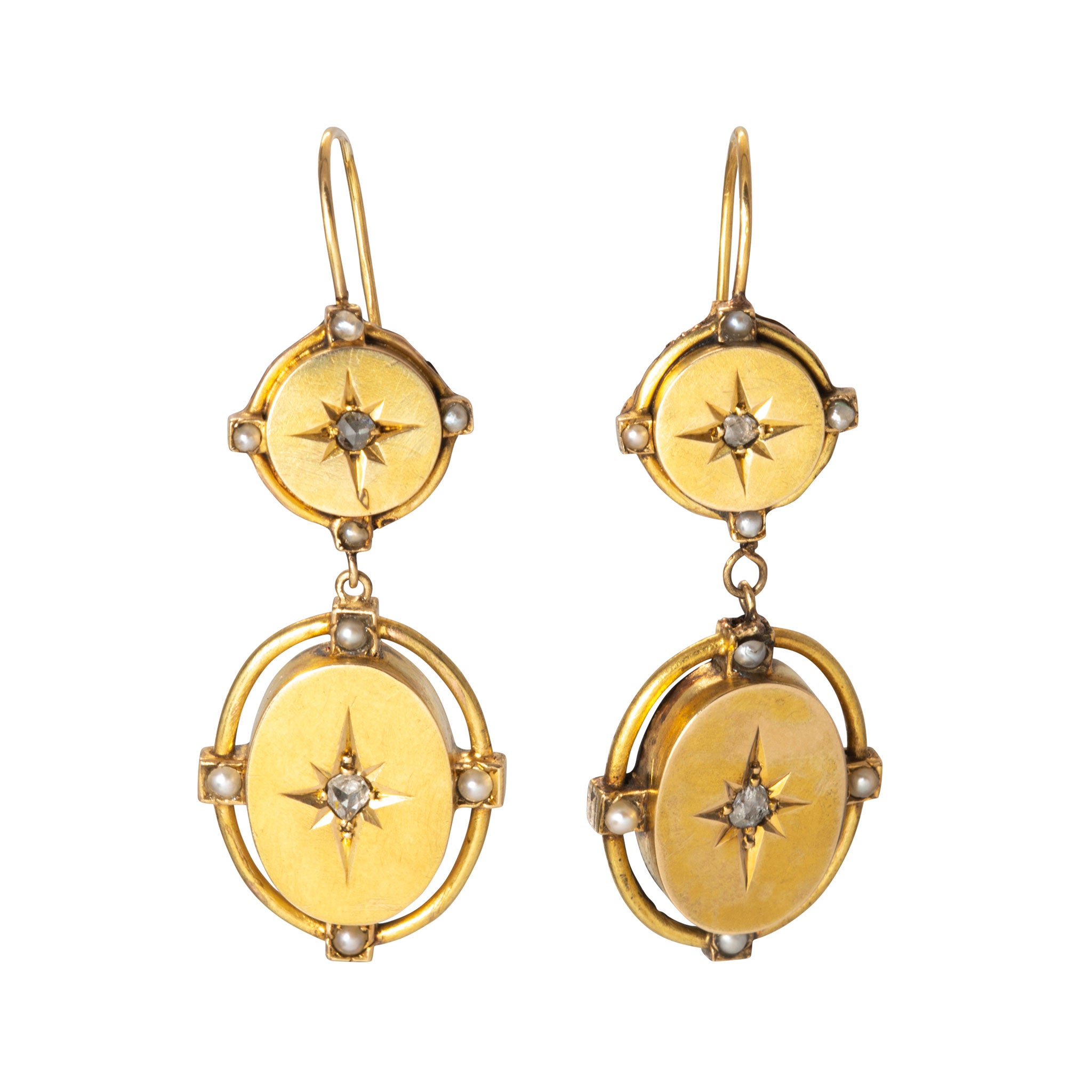 Victorian Diamond & Seed Pearl 14K Gold Double Drop Earrings