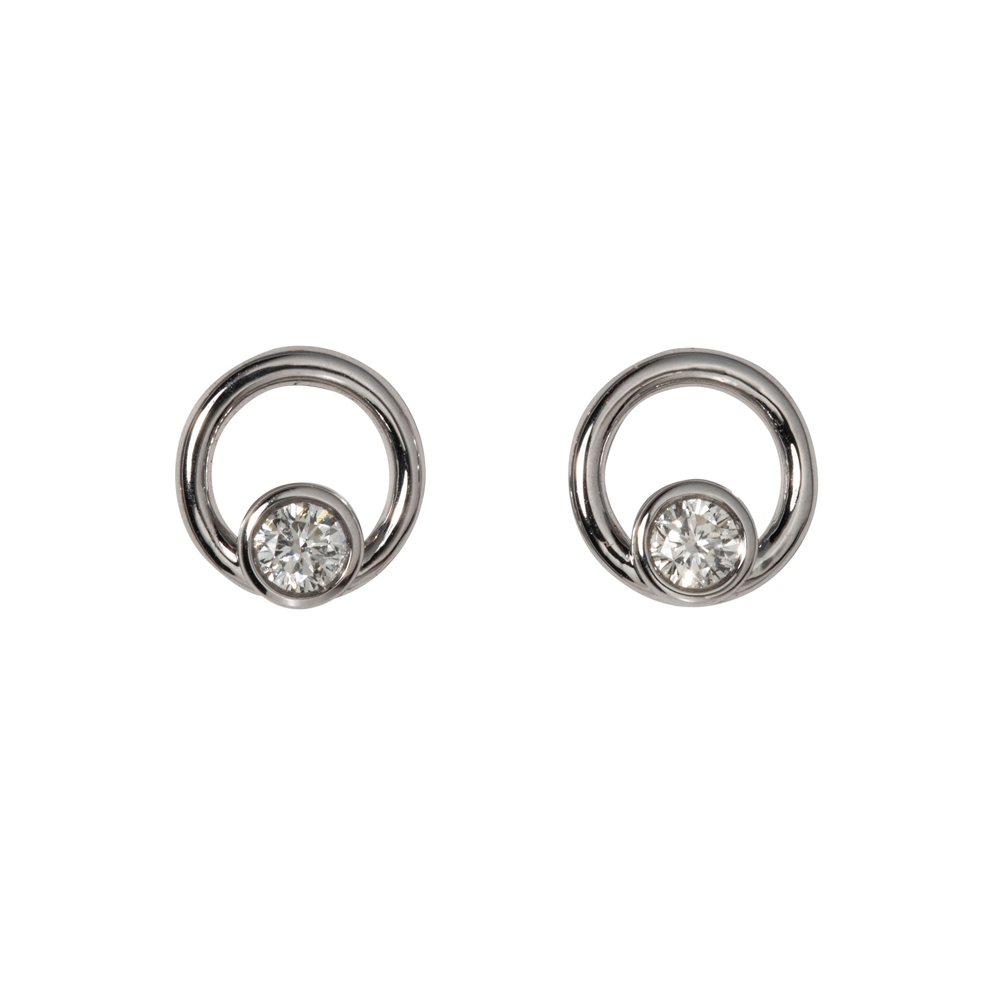 Diamond Bezel 14K White Gold Open Circle Stud Earrings