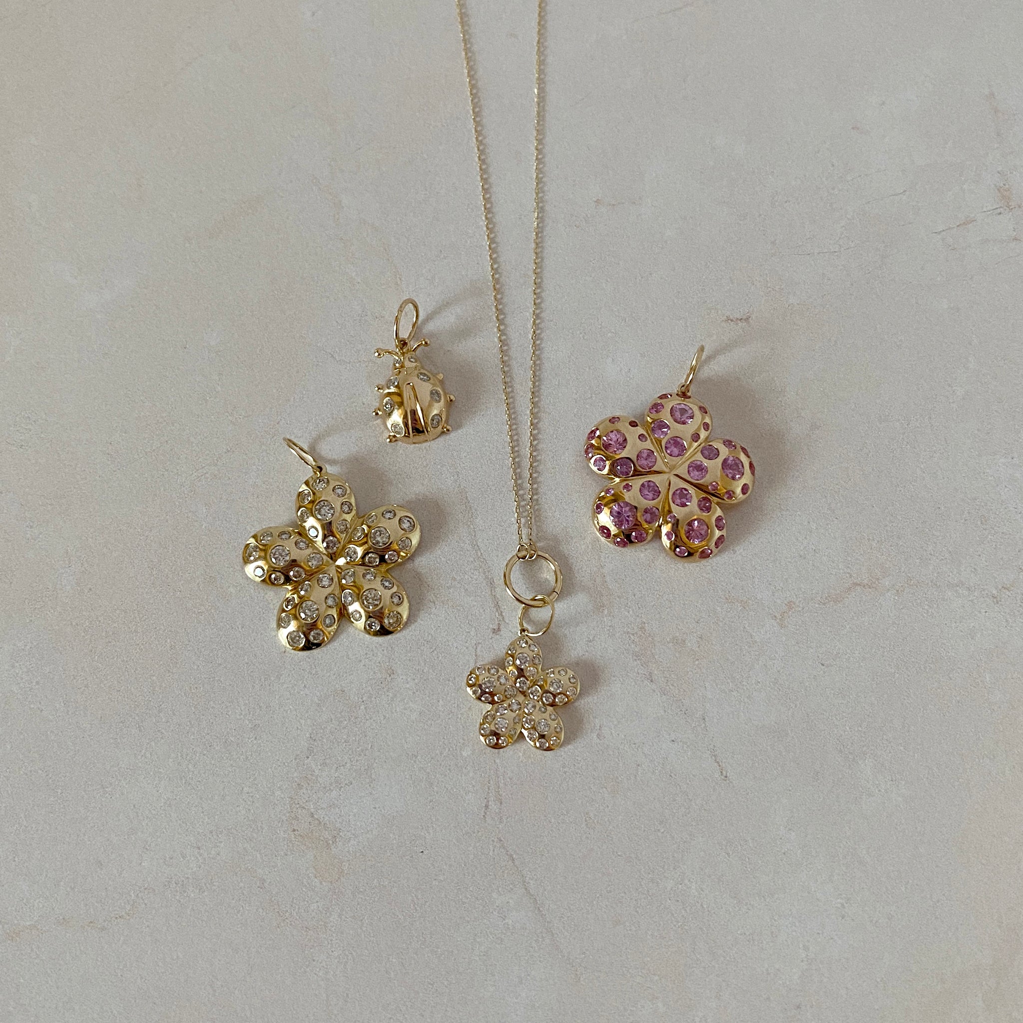 2.45ctw Diamond 14K Yellow Gold Flower Pendant, 2.75ctw Pink Sapphire 14K Yellow Gold Flower Pendant, Diamond 14K Yellow Gold Ladybug Charm