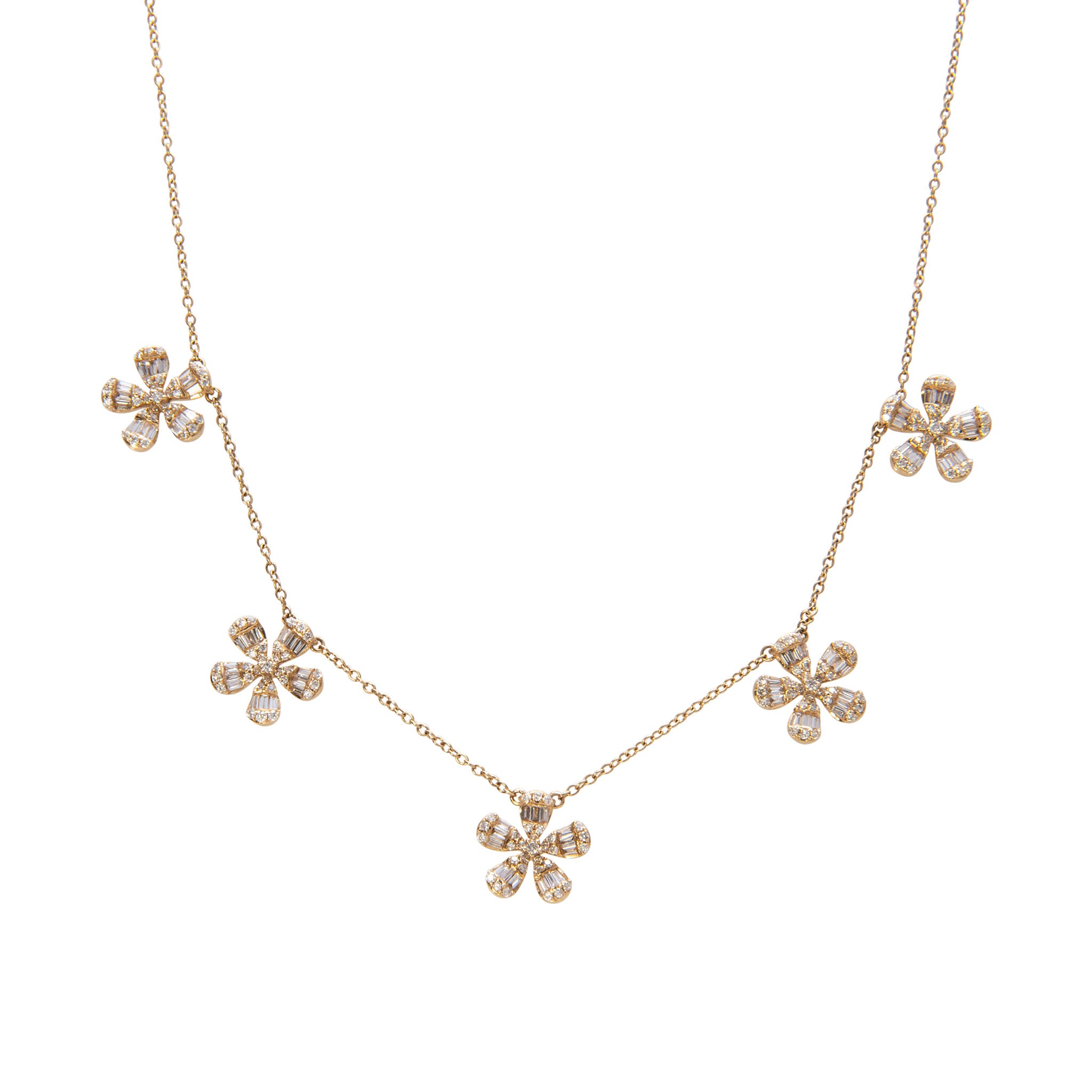 Round & Baguette Diamond Flower 5 Station 14K Yellow Gold Necklace