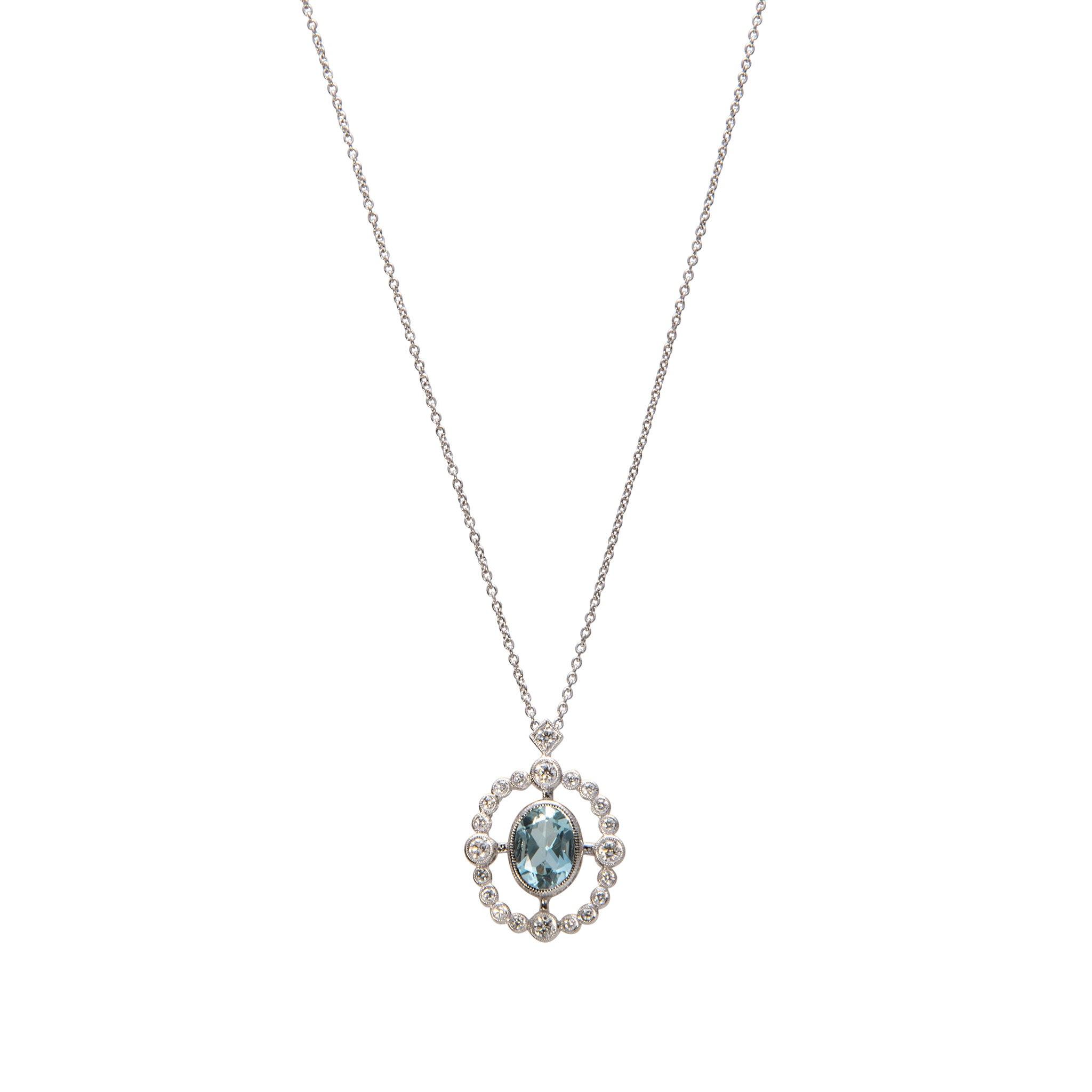 Oval Aquamarine & Diamond 14K White Gold Pendant Necklace