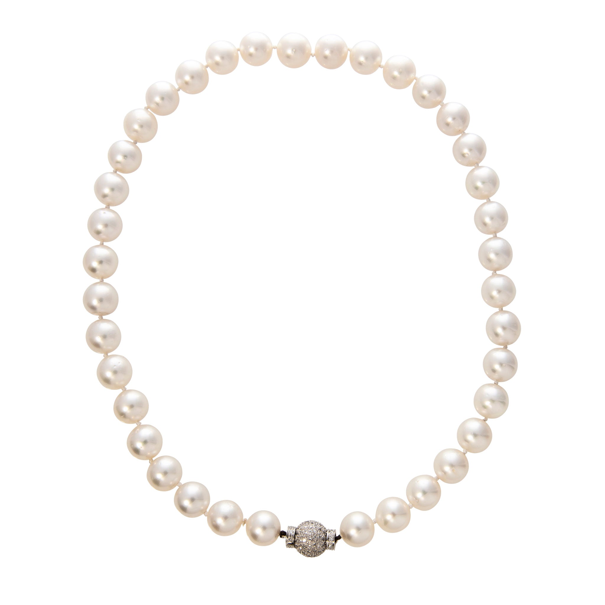 Estate South Sea Pearl 18K Gold Diamond Ball Clasp Necklace