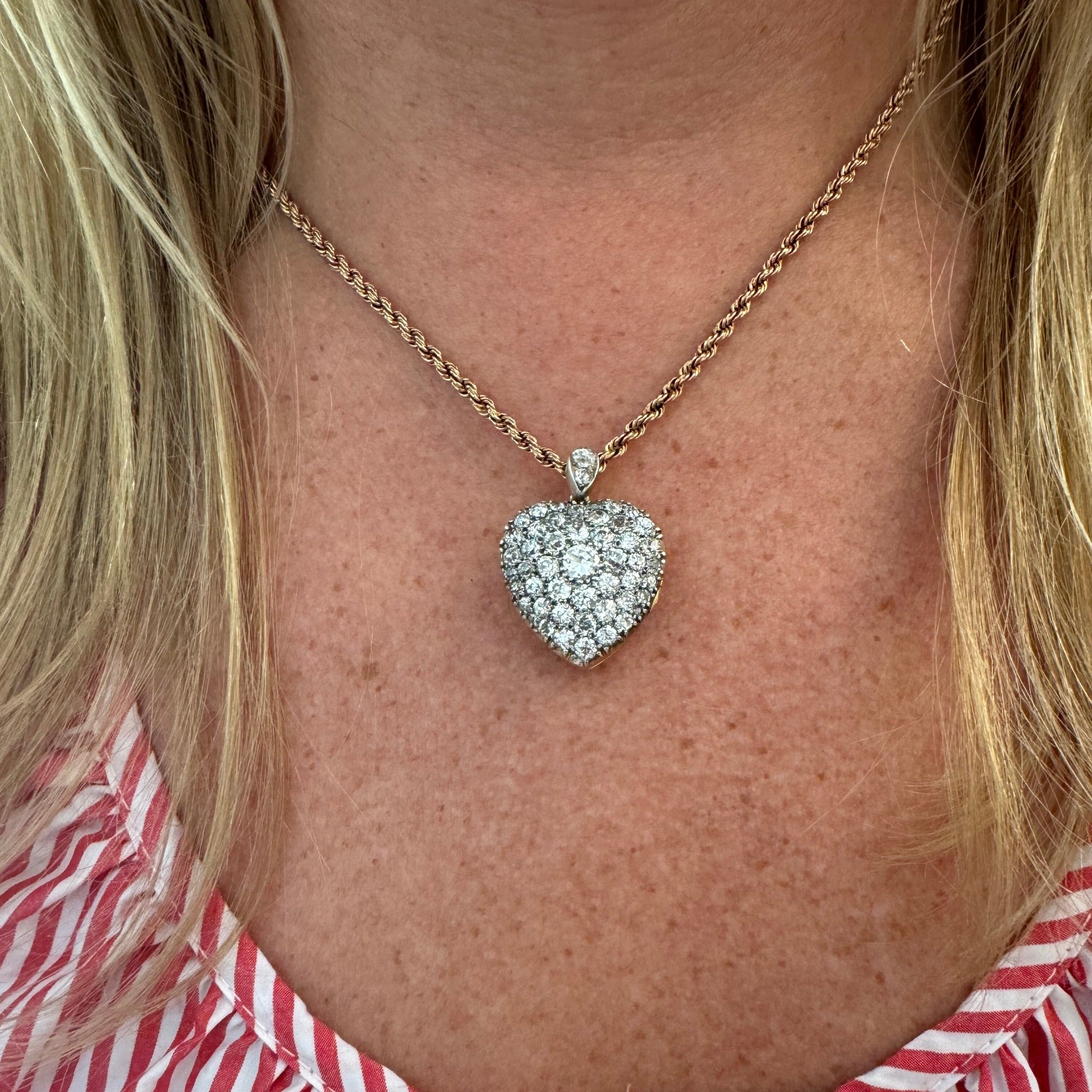Victorian 4ct Old Mine Cut Diamond Pavé Heart Pendant Necklace