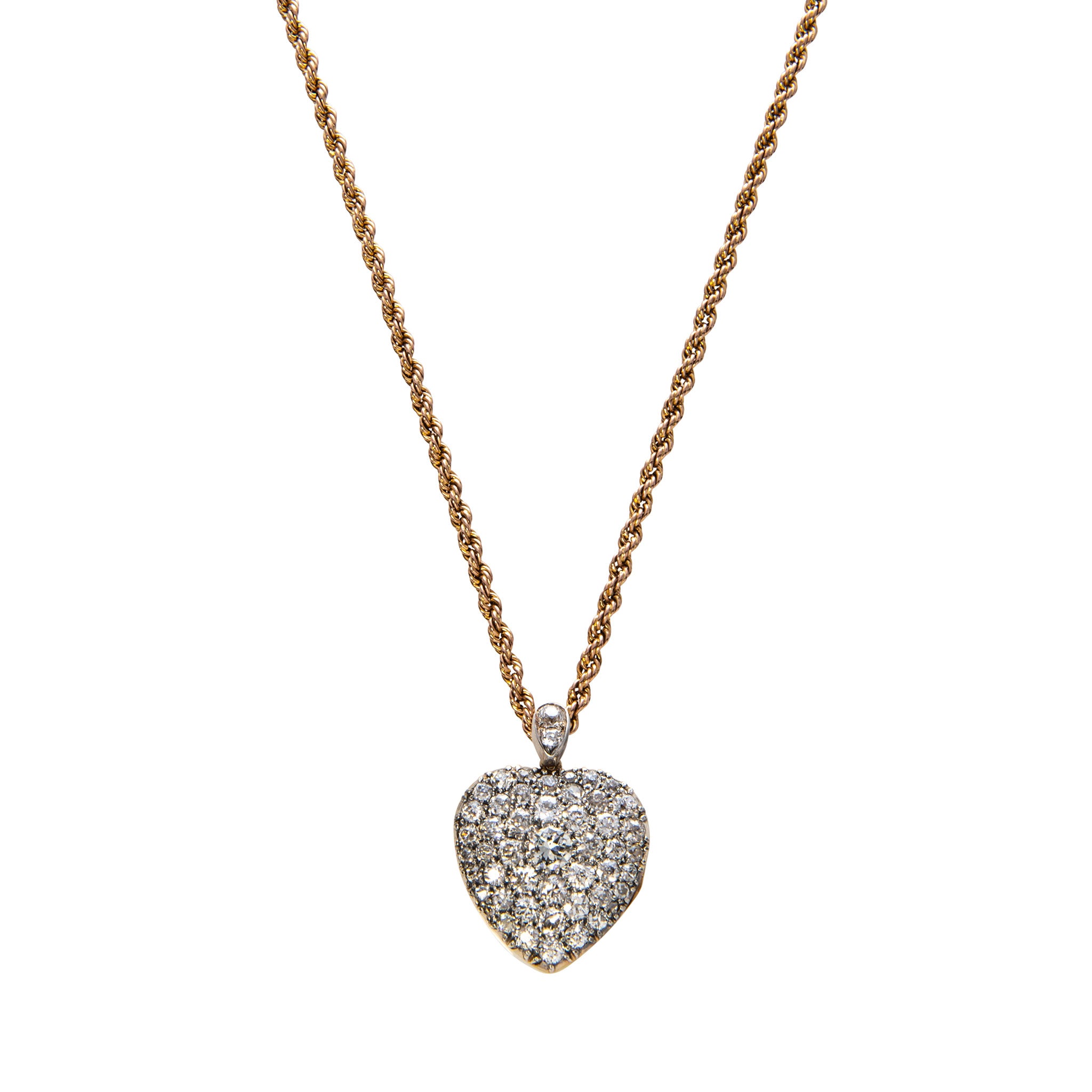 Victorian 4ct Old Mine Cut Diamond Pavé Heart Pendant Necklace