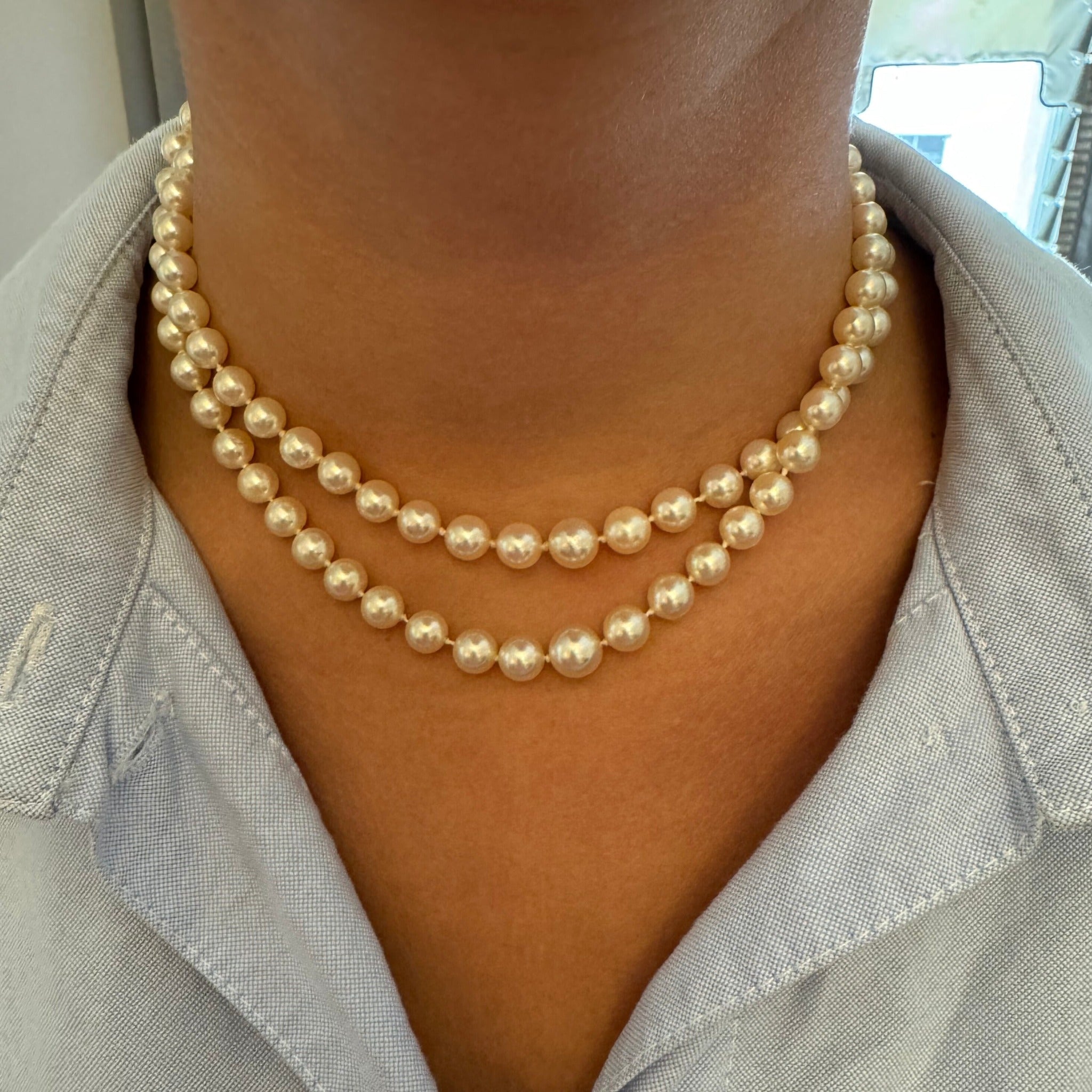 Estate 2-Strand Cultured Pearl 10K Gold Bow Clasp Necklace