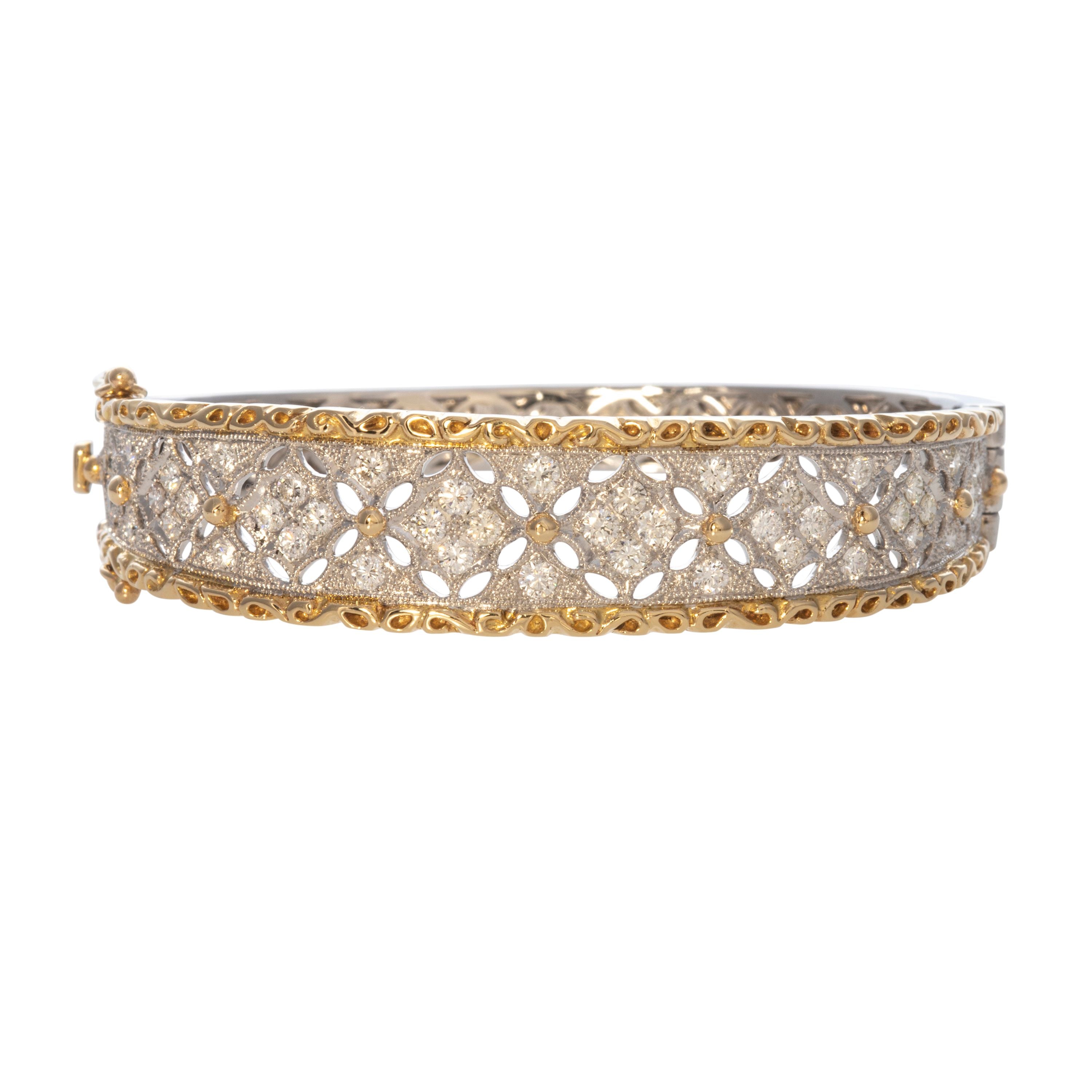 Diamond Filigree Two Tone 14K Gold Bangle