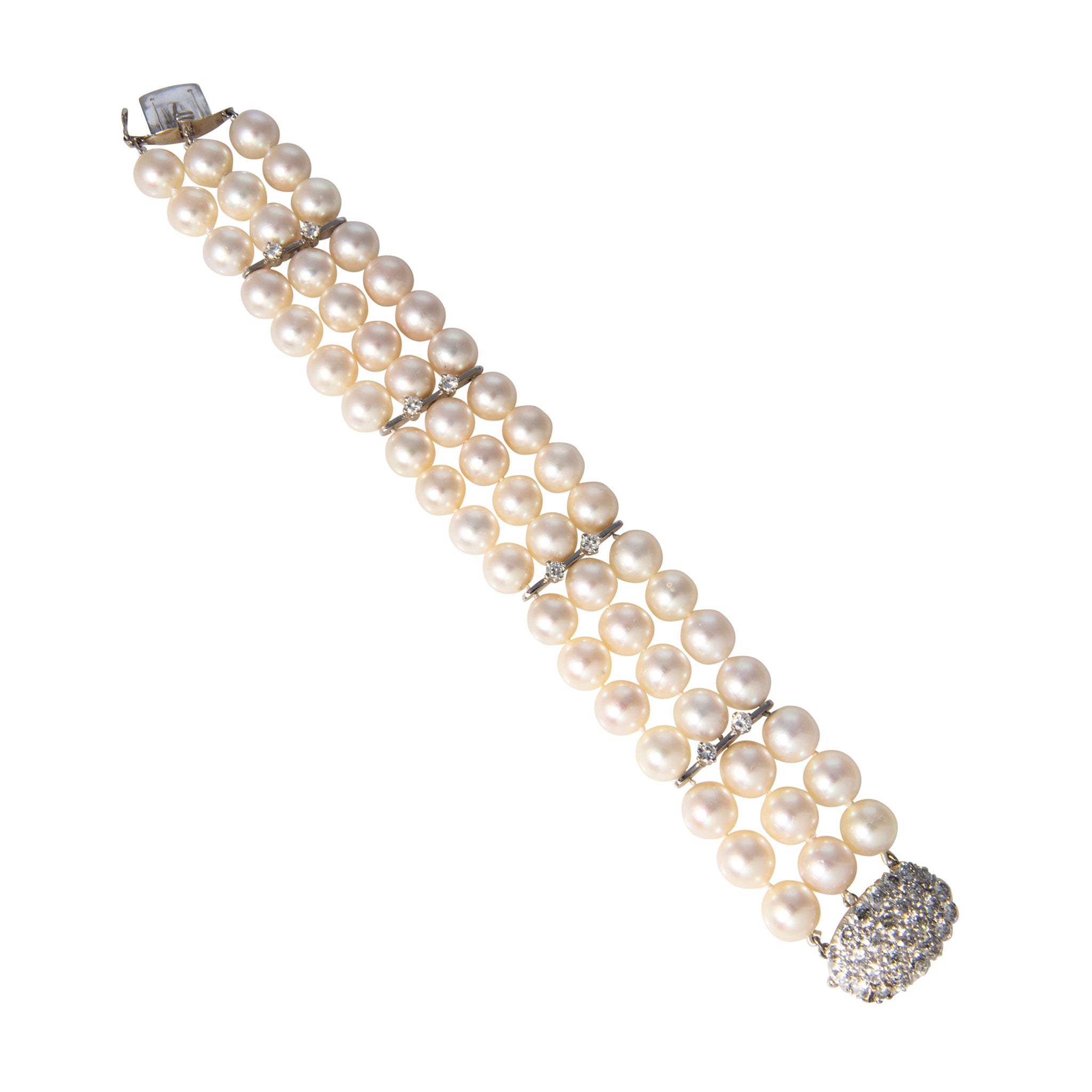 Vintage 3.34ctw Diamond Clasp Triple Strand Pearl Bracelet