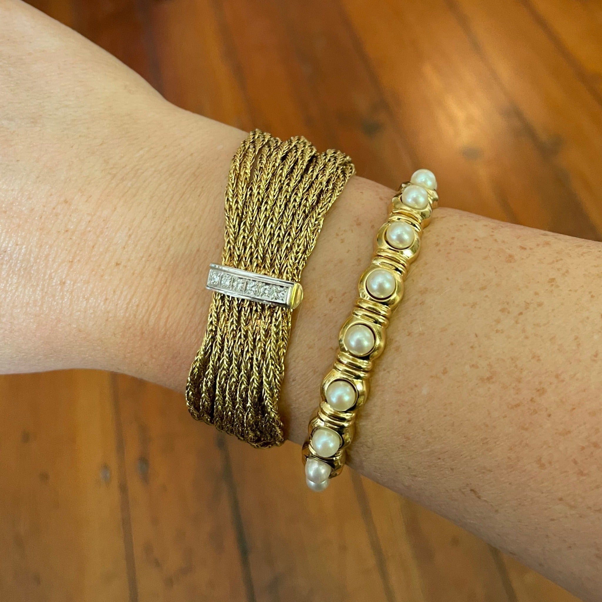 Mid-Century Diamond Clasp 18K Gold 15-Strand Bracelet