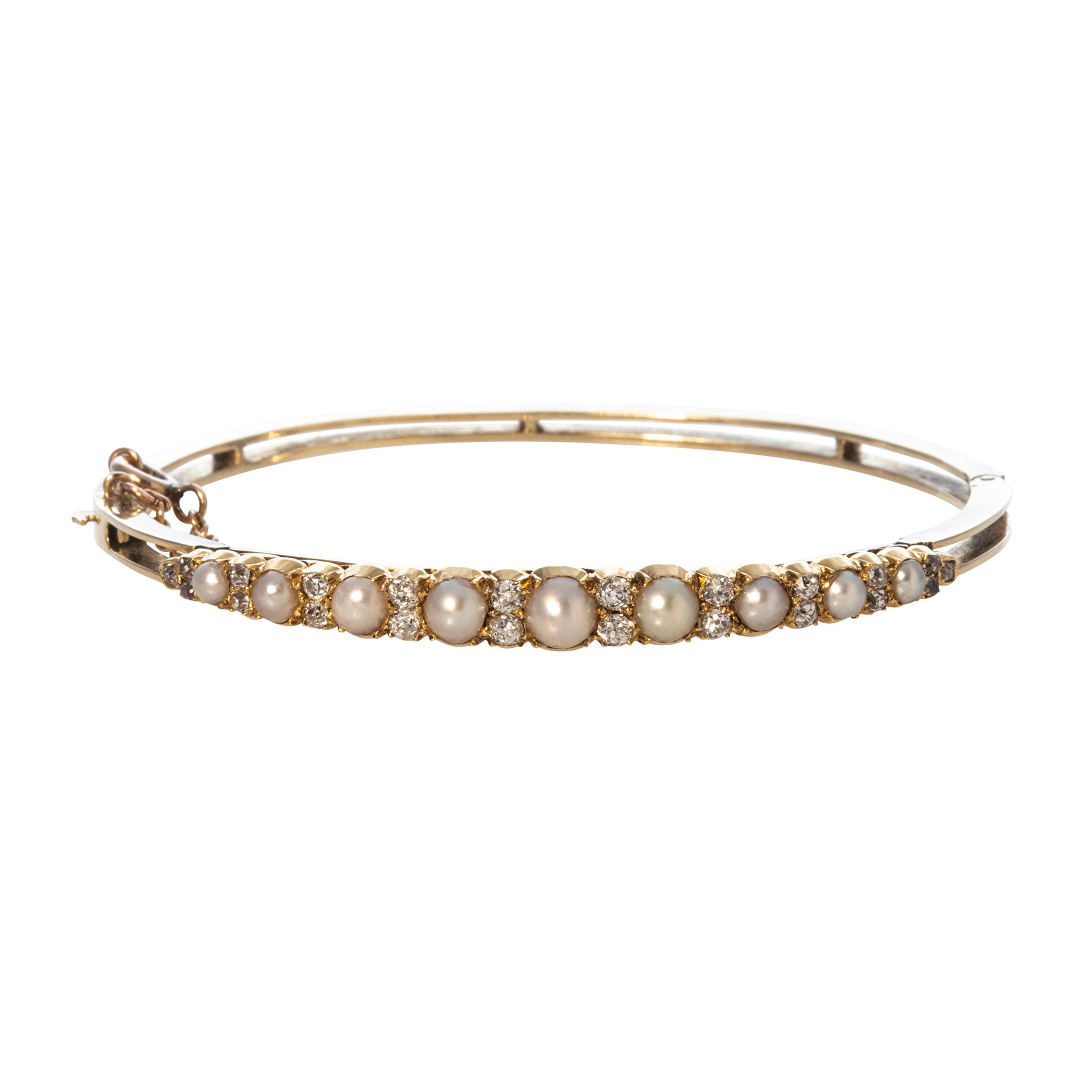 Victorian Graduated Pearl & Diamond 14K Yellow Gold Bangle