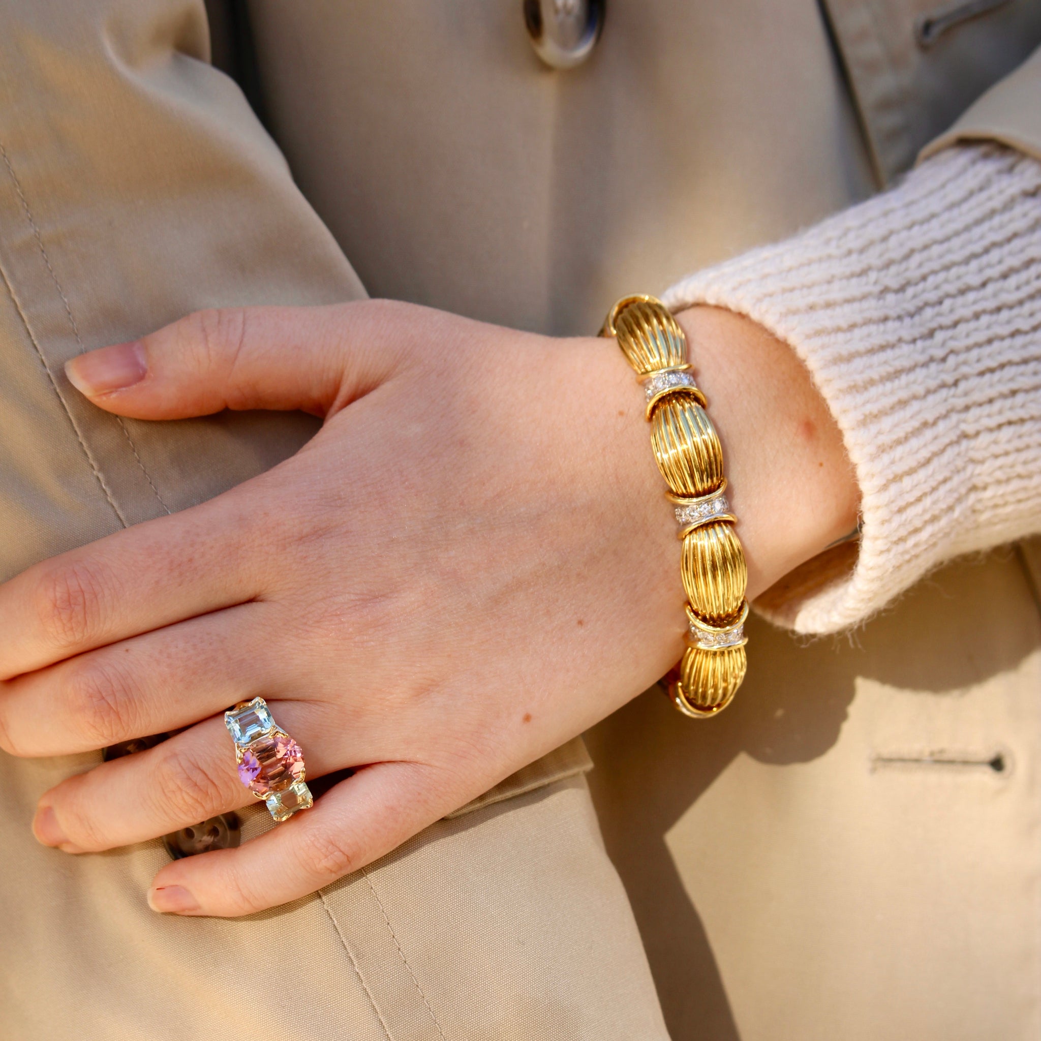 Estate Ribbed Diamond 18K Yellow Gold Bracelet