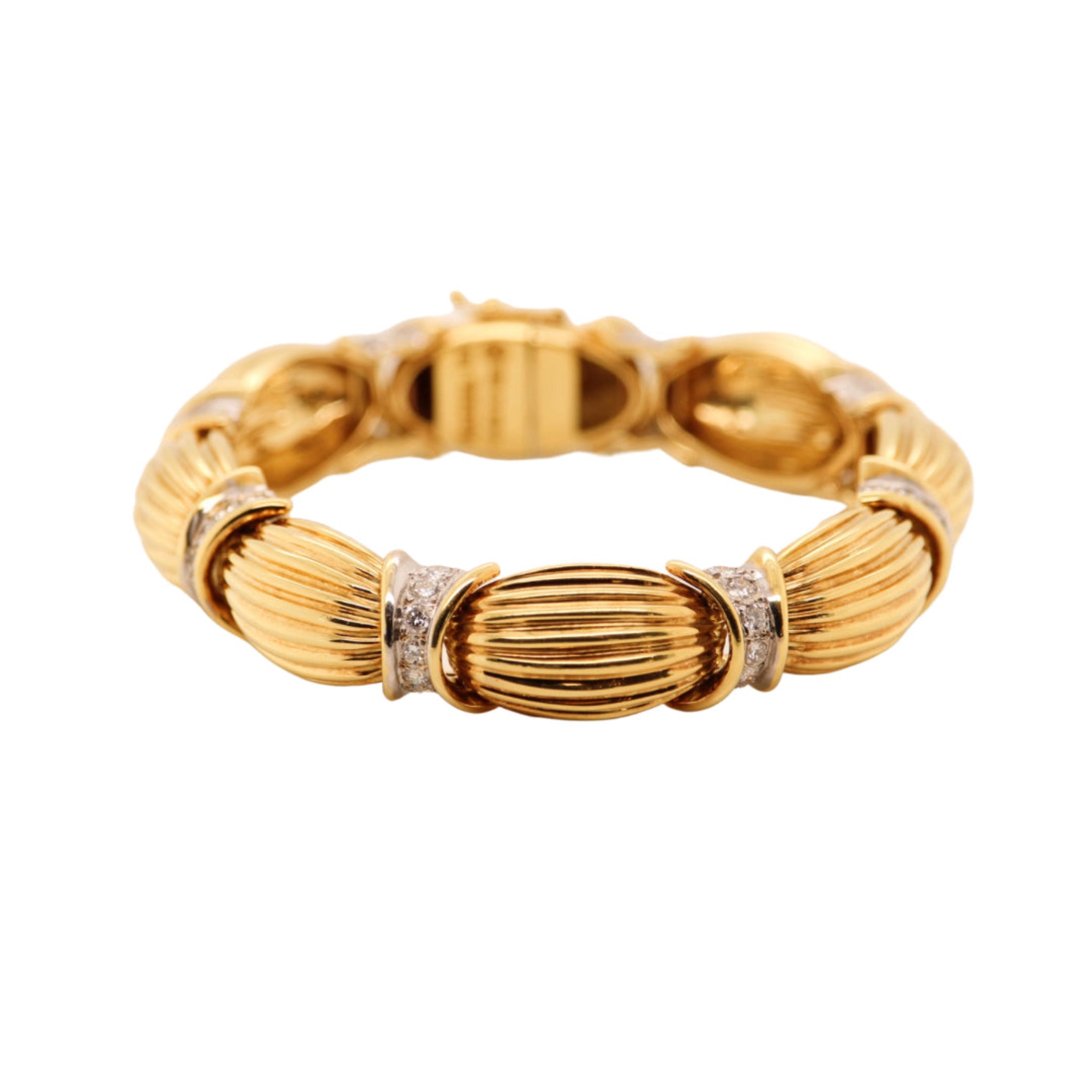 Estate Ribbed Diamond 18K Yellow Gold Bracelet