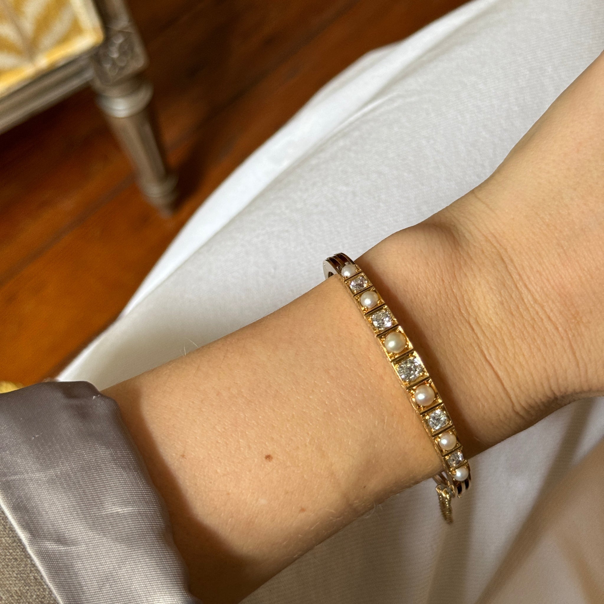 Victorian Pearl & Diamond 14K Yellow Gold Bangle