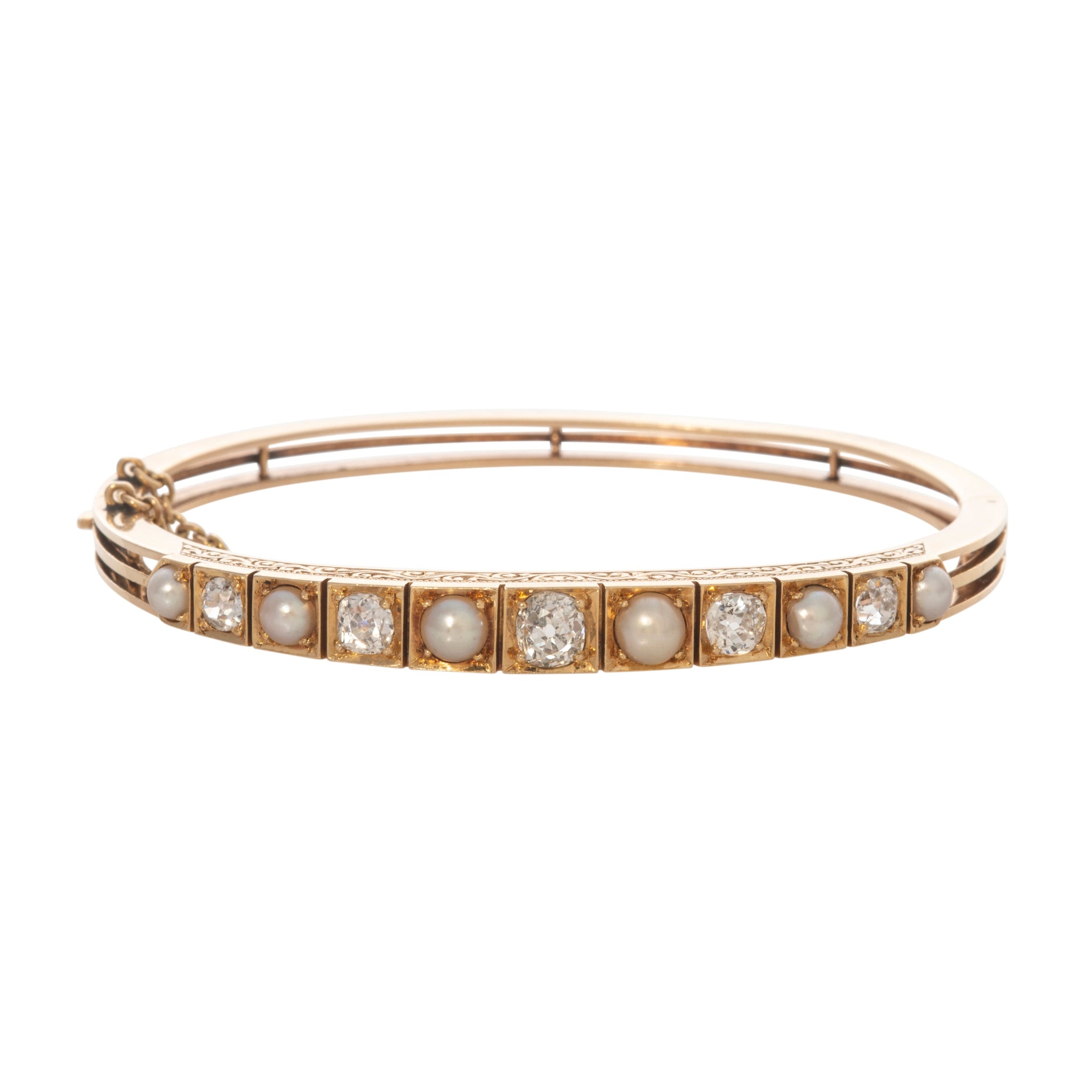 Victorian Pearl & Diamond 14K Yellow Gold Bangle