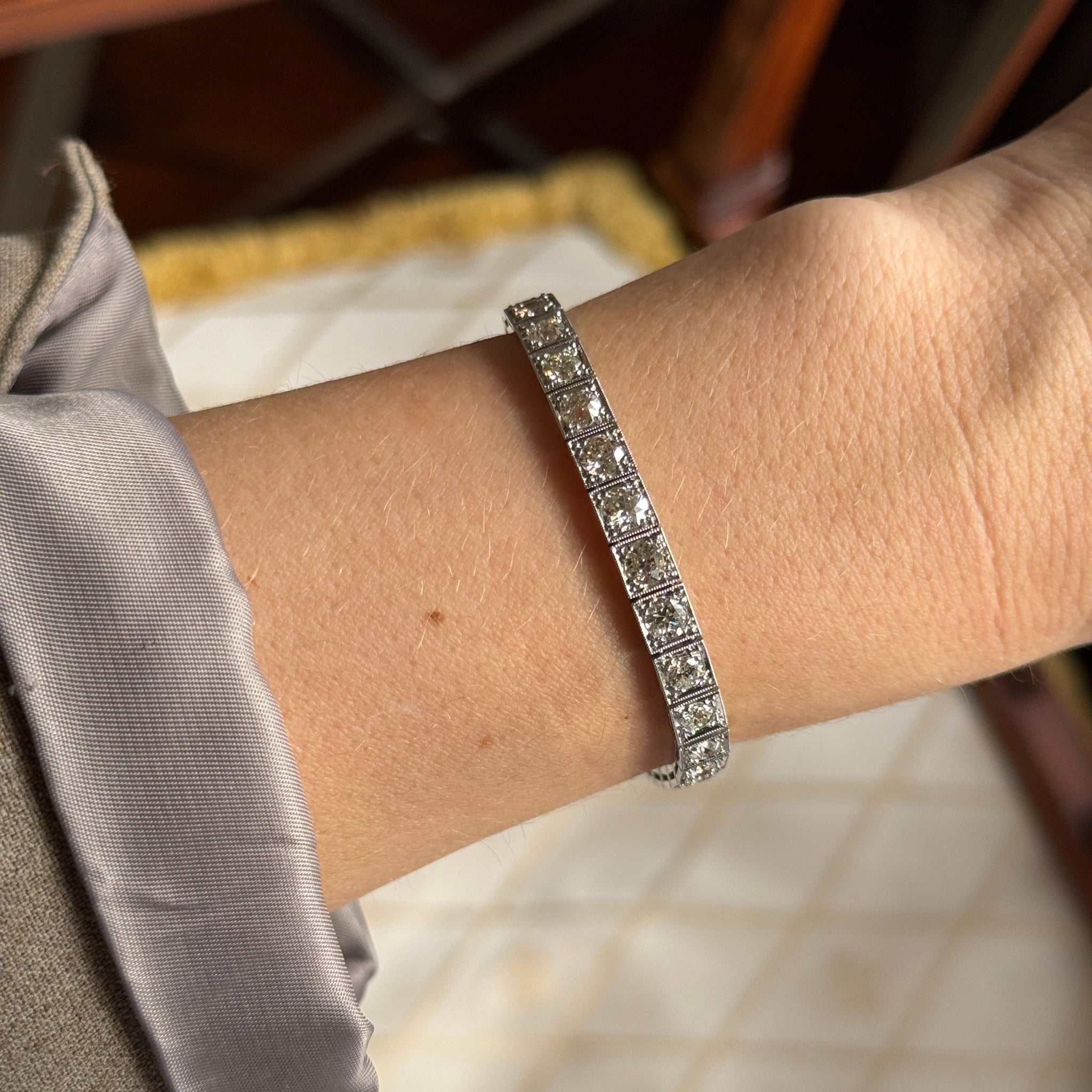 Art Deco Old Mine Cut Diamond & Platinum Line Bracelet