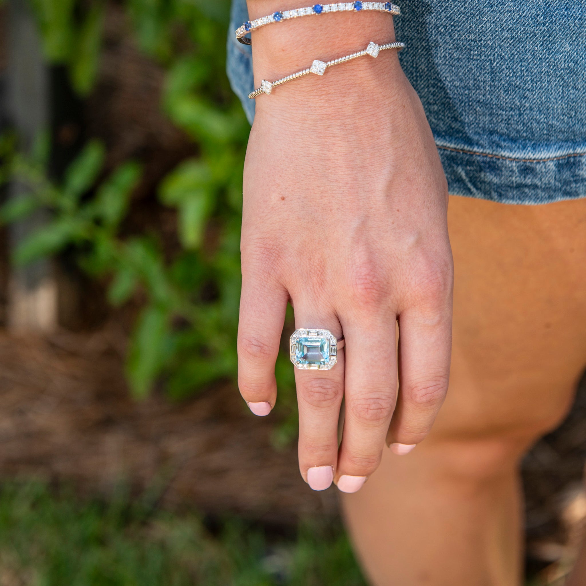 Emerald Cut Blue Topaz & Diamond 18K White Gold Ring