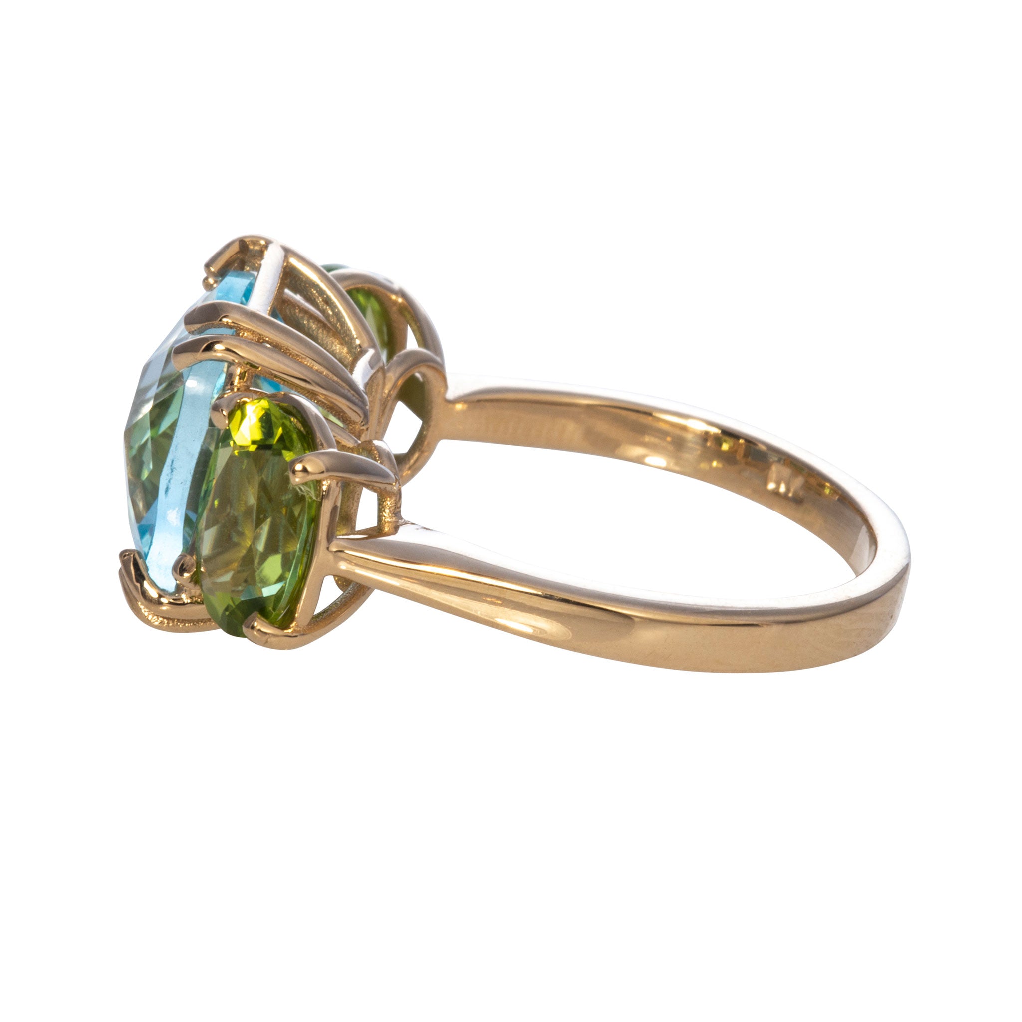 Blue Topaz & Peridot 3 Stone 14K Yellow Gold Ring