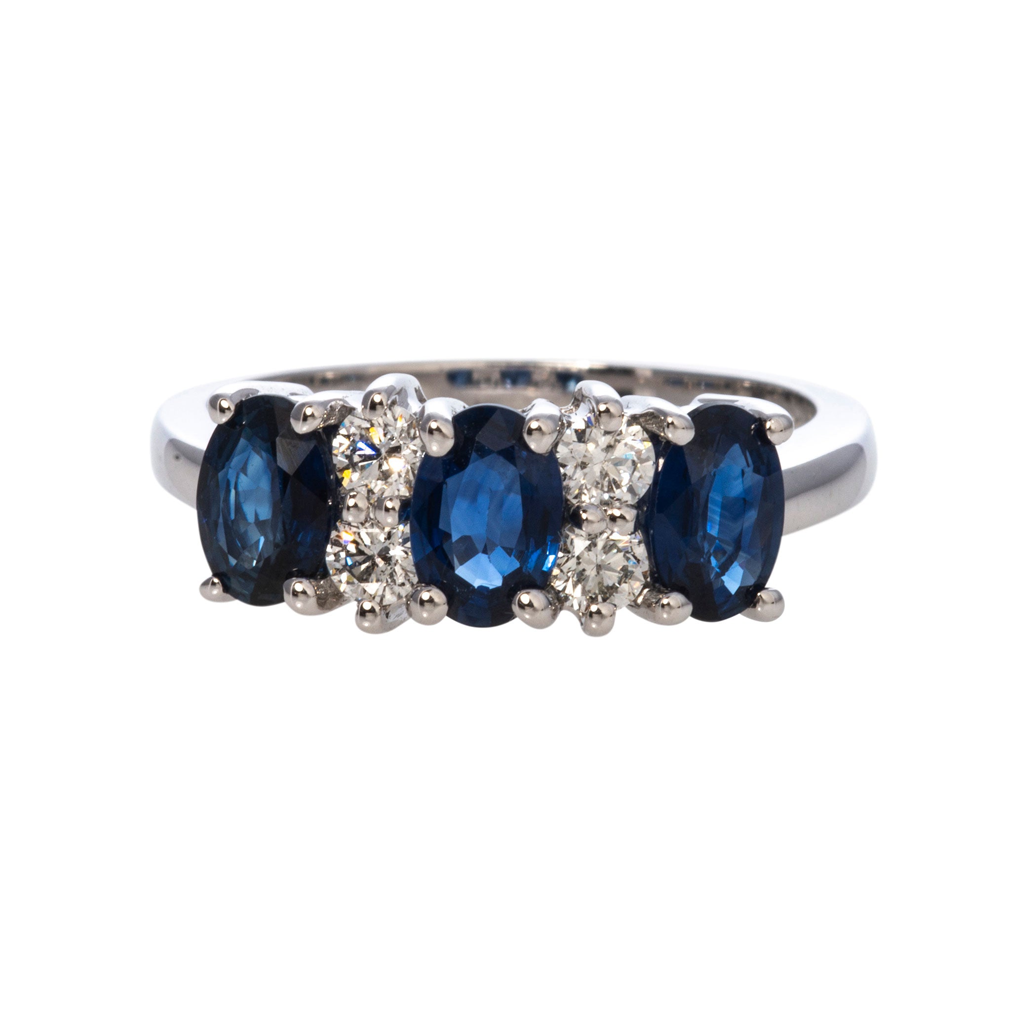 Three-Stone Oval Sapphire & Diamond 14K White Gold Ring