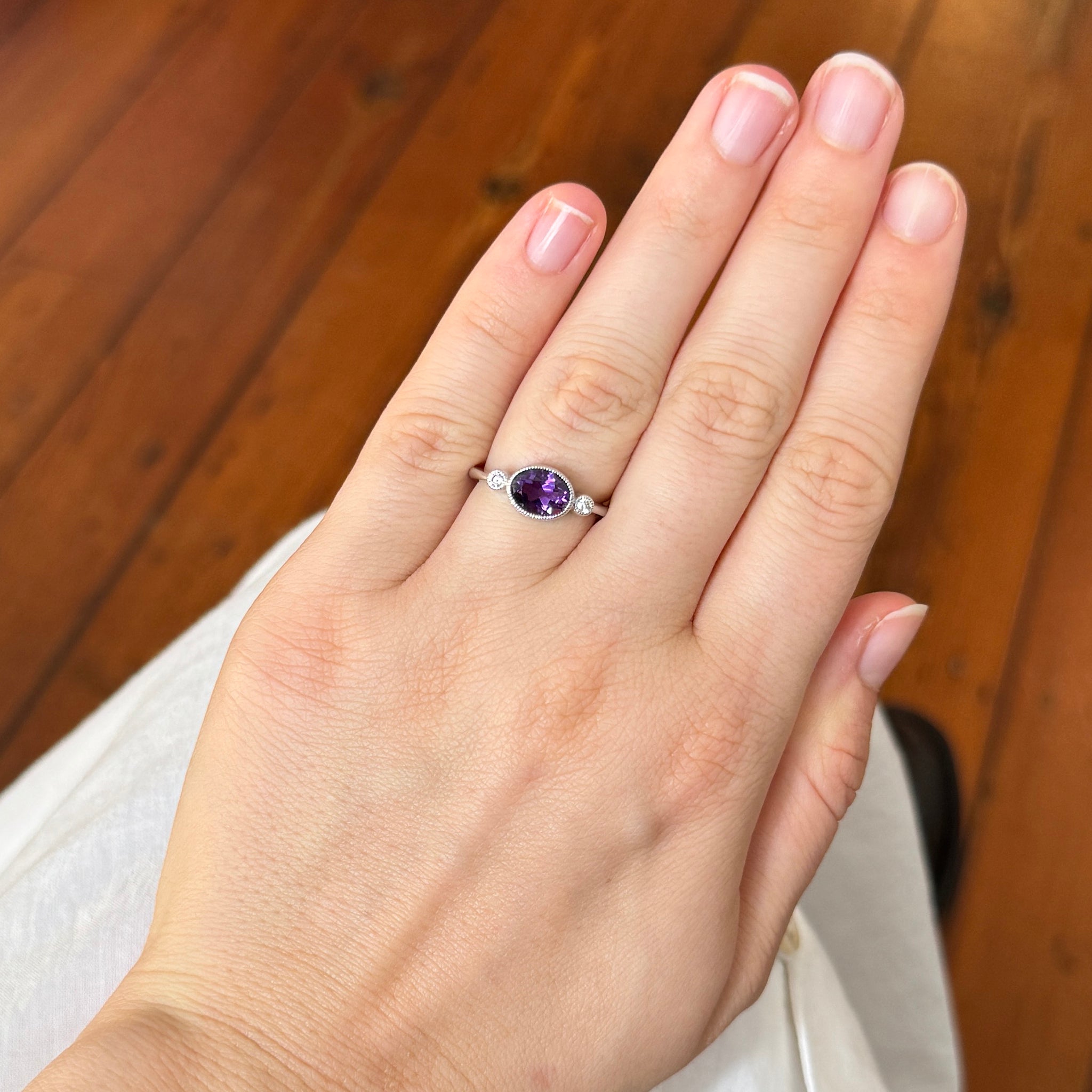 Oval Amethyst & Round Diamond 14K White Gold Ring